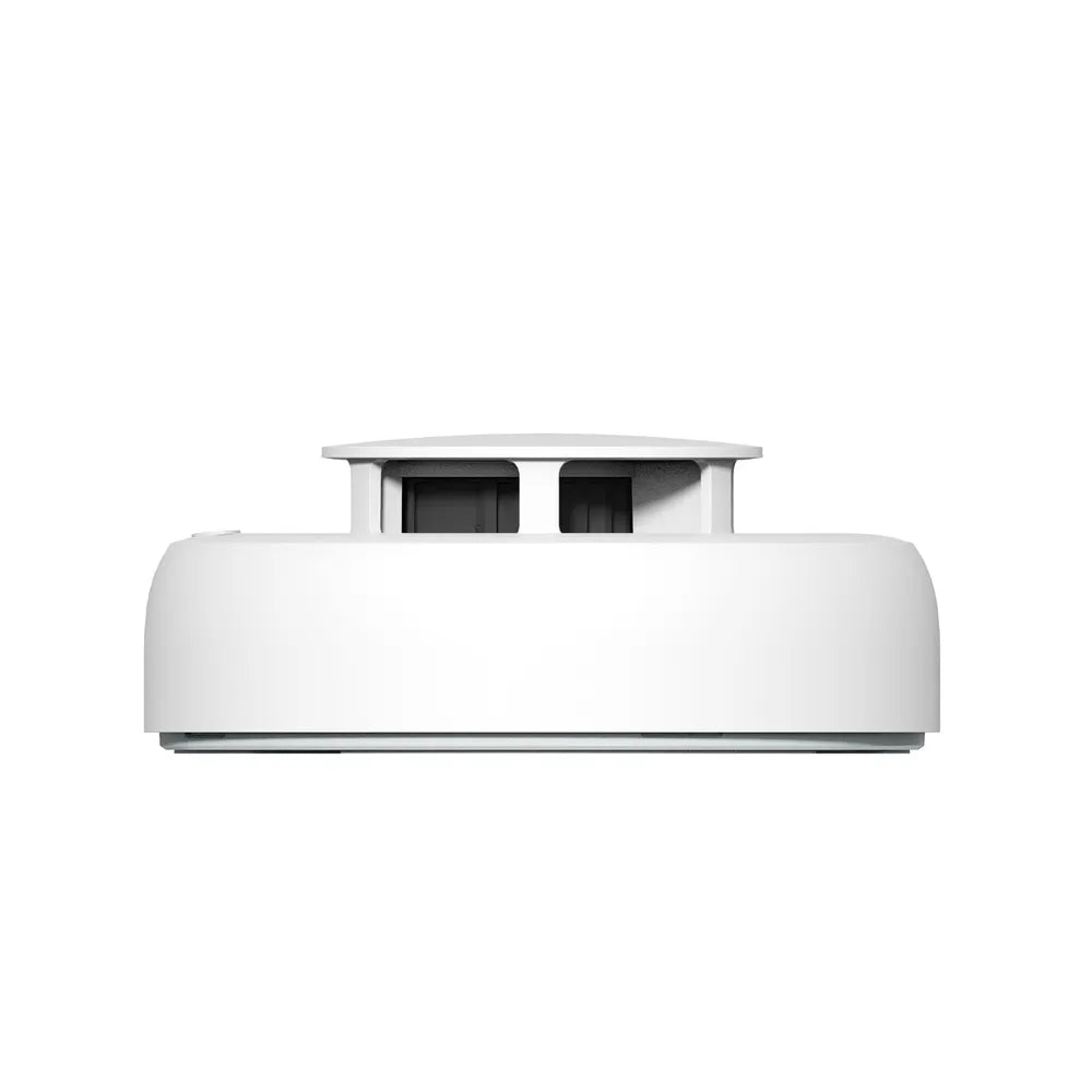 Sensor fotoelétrico que deteta fumo em fase inicial, com alarme sonoro e LEDs tricolores para avisos visuais e auditivos, garantindo maior segurança doméstica.