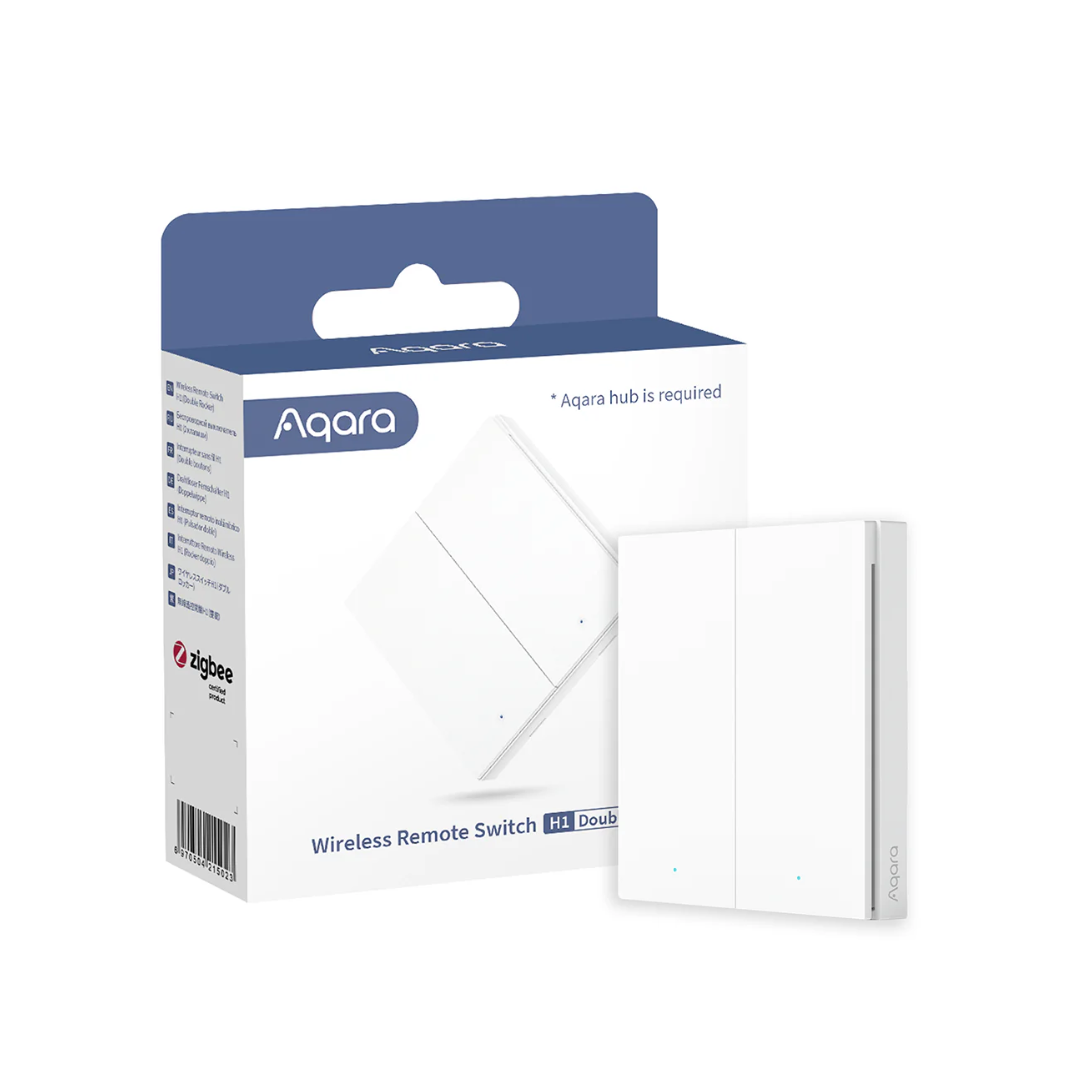 O interruptor remoto sem fios H1 da Aqara usa bateria CR2450 e comunica via Zigbee 3.0 para controlar dispositivos inteligentes com automações personalizadas.