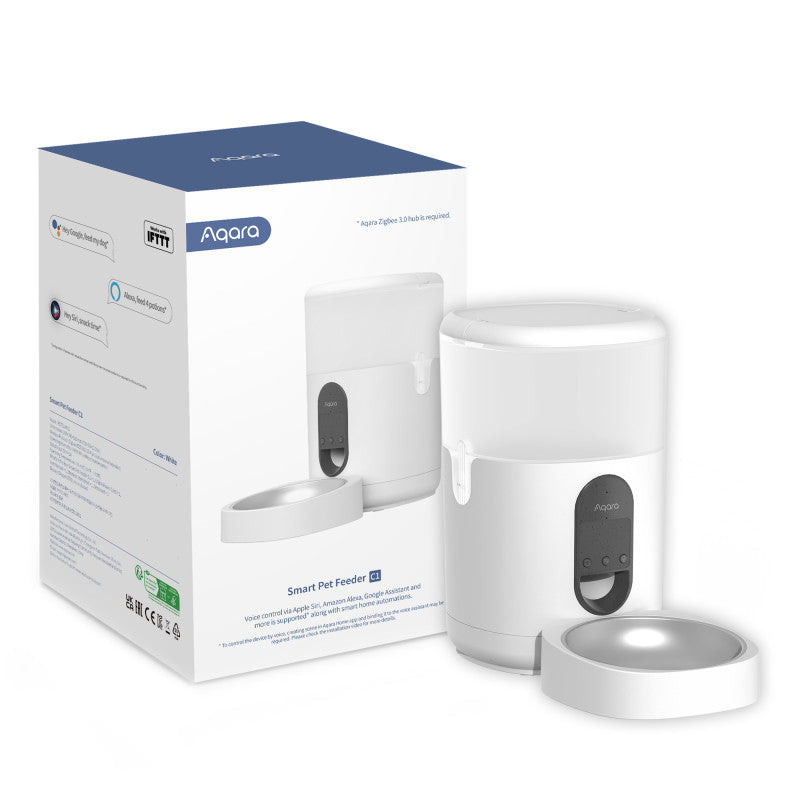 Permite alimentação programada e controlo remoto via app Aqara Home, com 4 L de capacidade e até 10 horários, ideal para quem está longe.