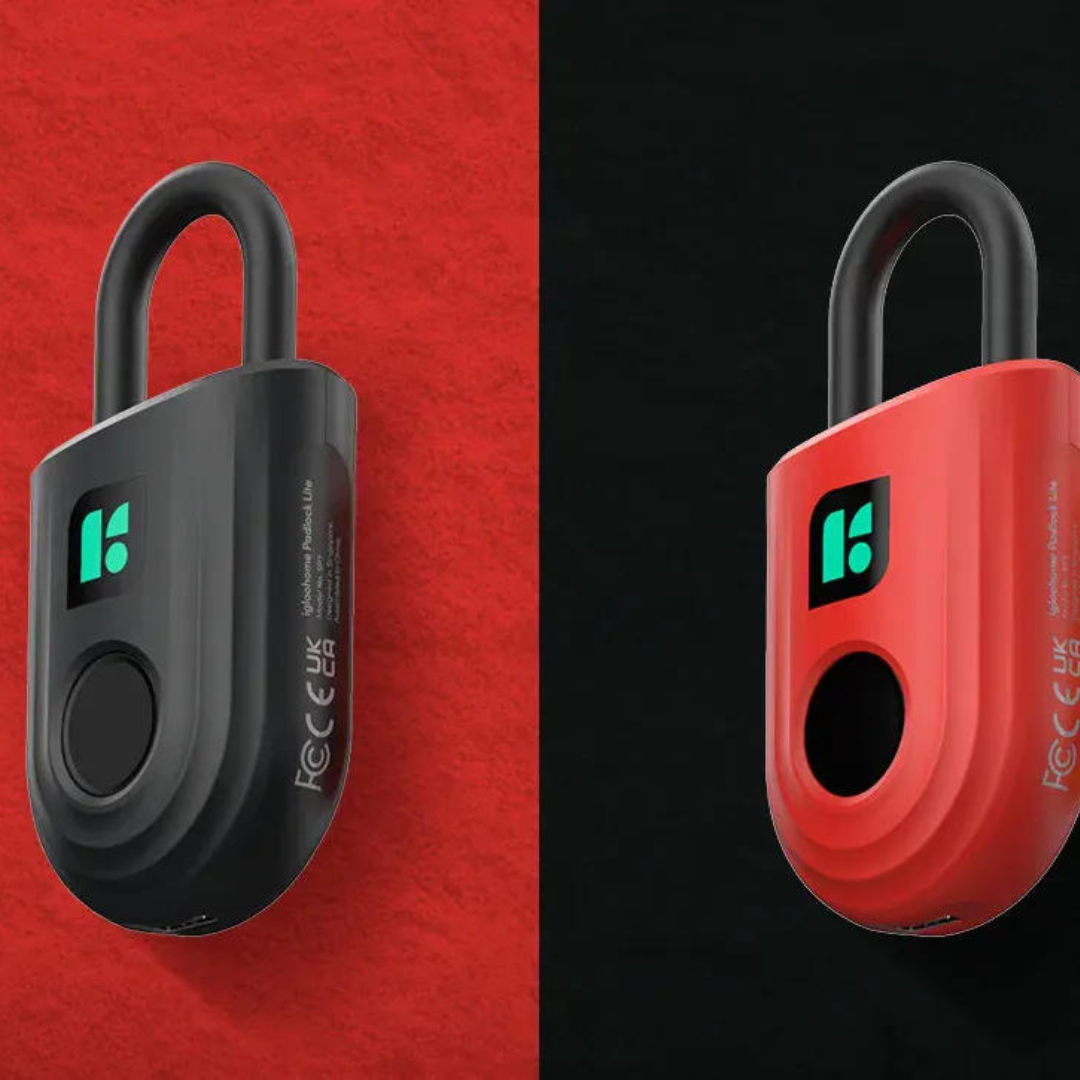 Cadeado inteligente com impressão digital disponível em duas cores, preto e vermelho.