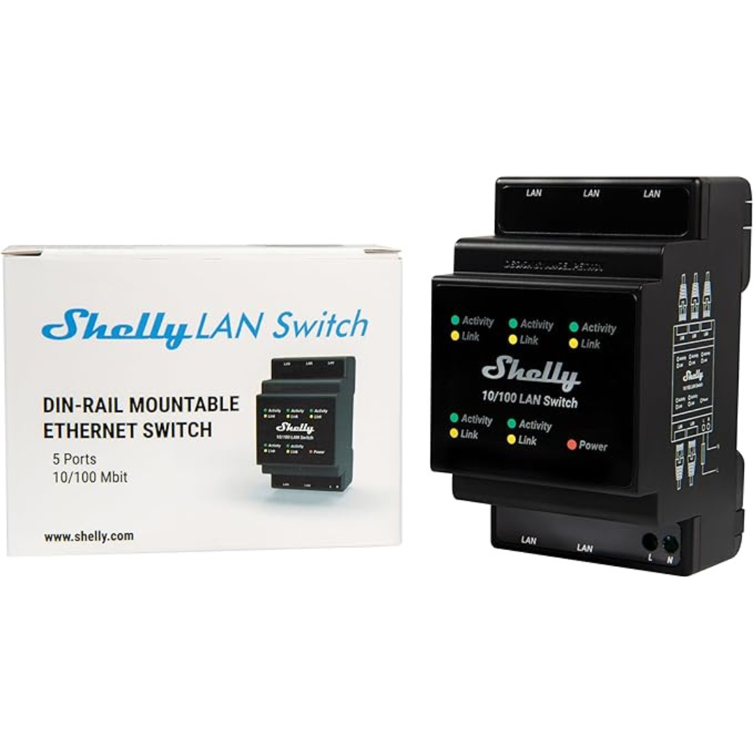 Shelly LAN Switch de 5 portas: caixa e produto com tamanho compacto. 