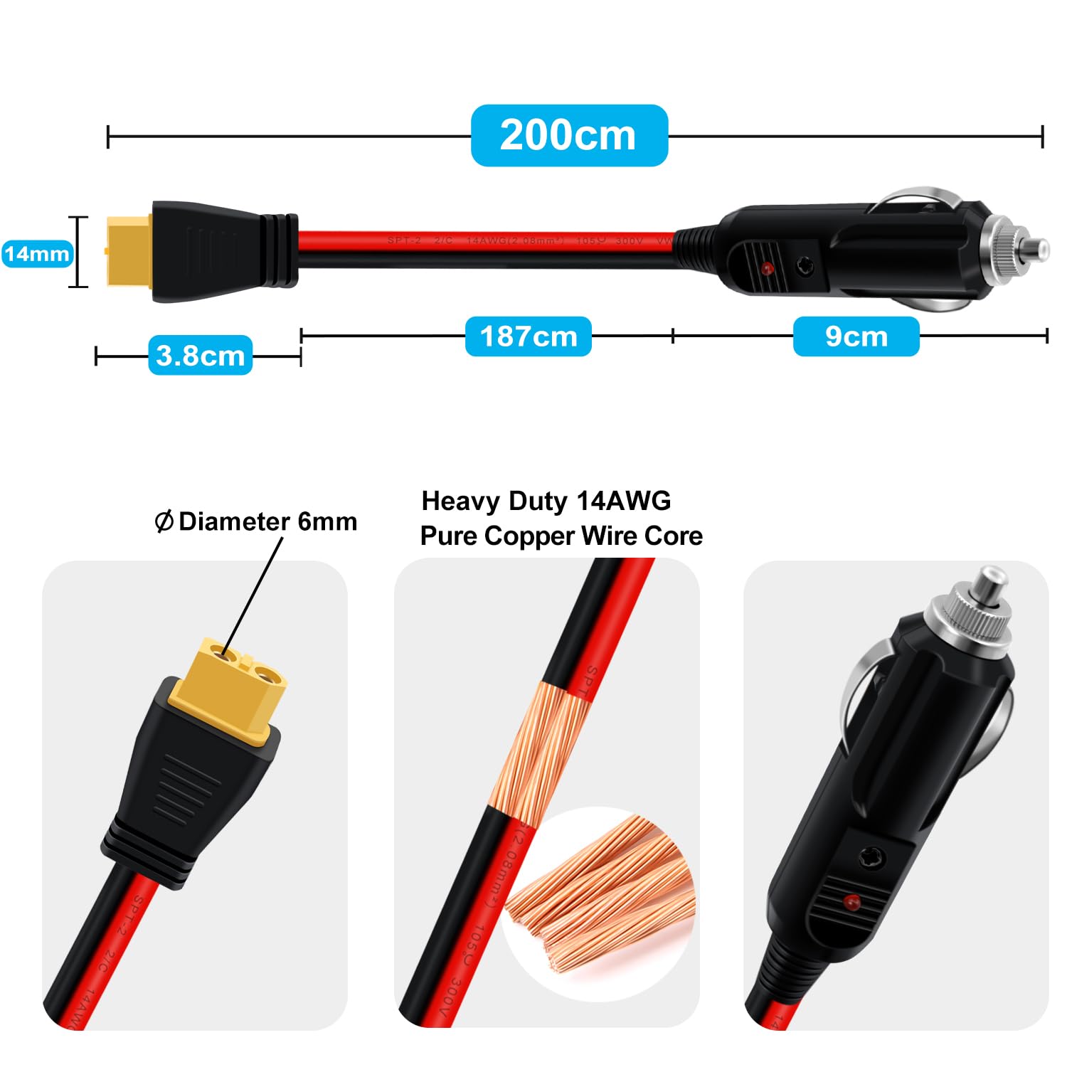 Cable XT60 para encendedor - detalle del conector XT60 y LED indicador