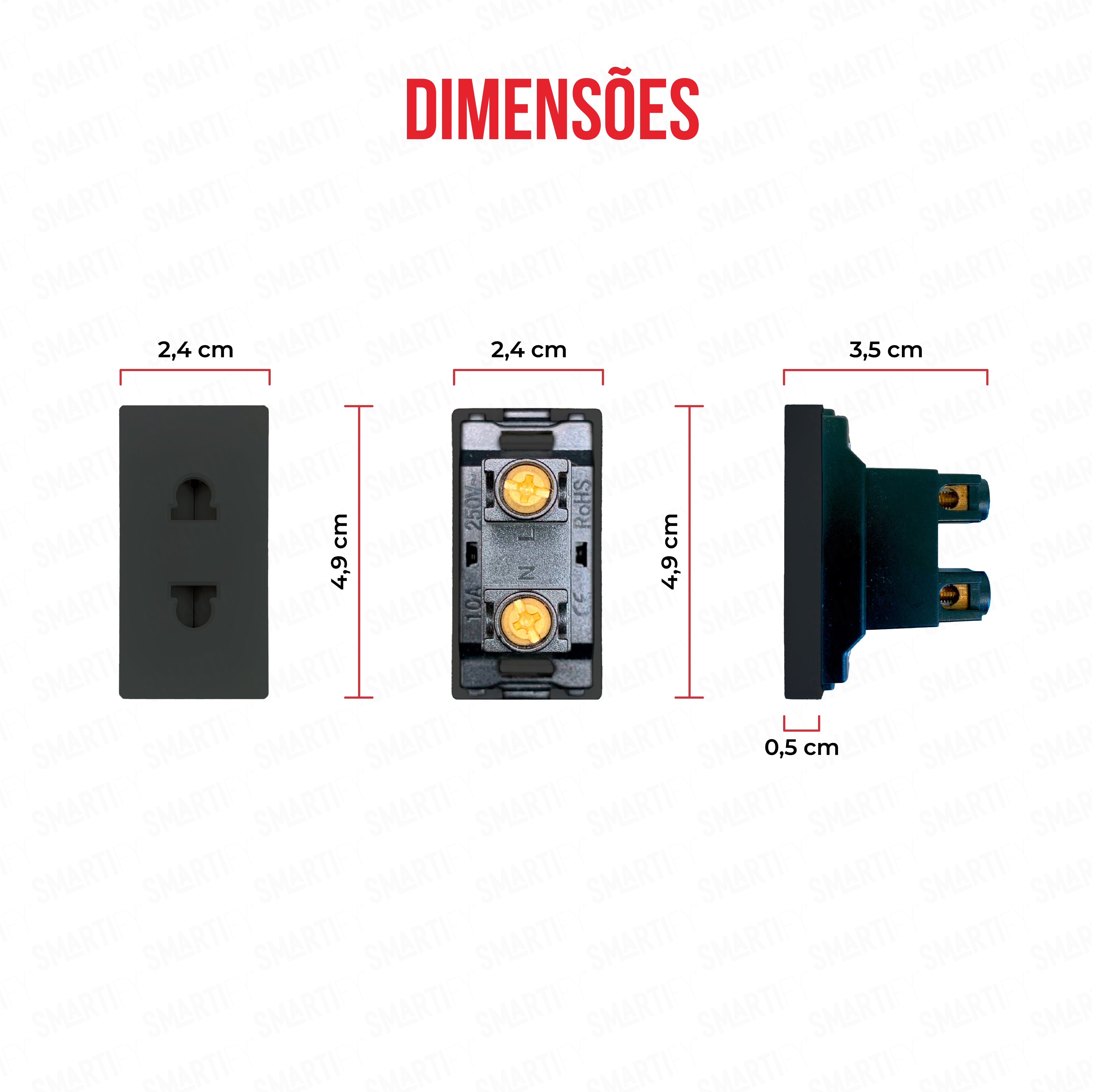 Meio Módulo 2PIN Preto – imagem exibindo as dimensões do produto, destacando seu design compacto.
