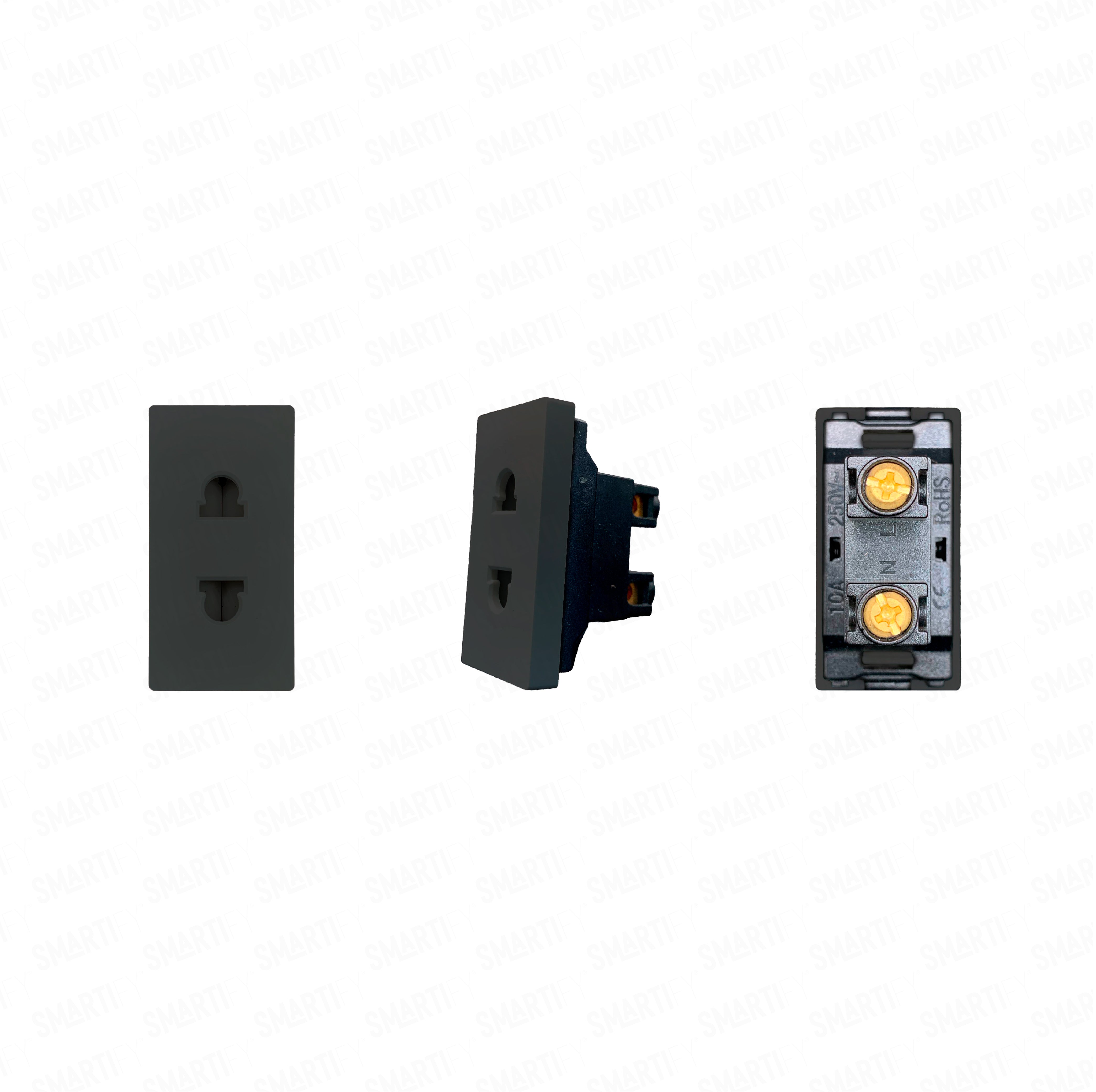 Meio Módulo 2PIN Preto – imagem exibindo três ângulos do dispositivo, destacando seu design compacto.