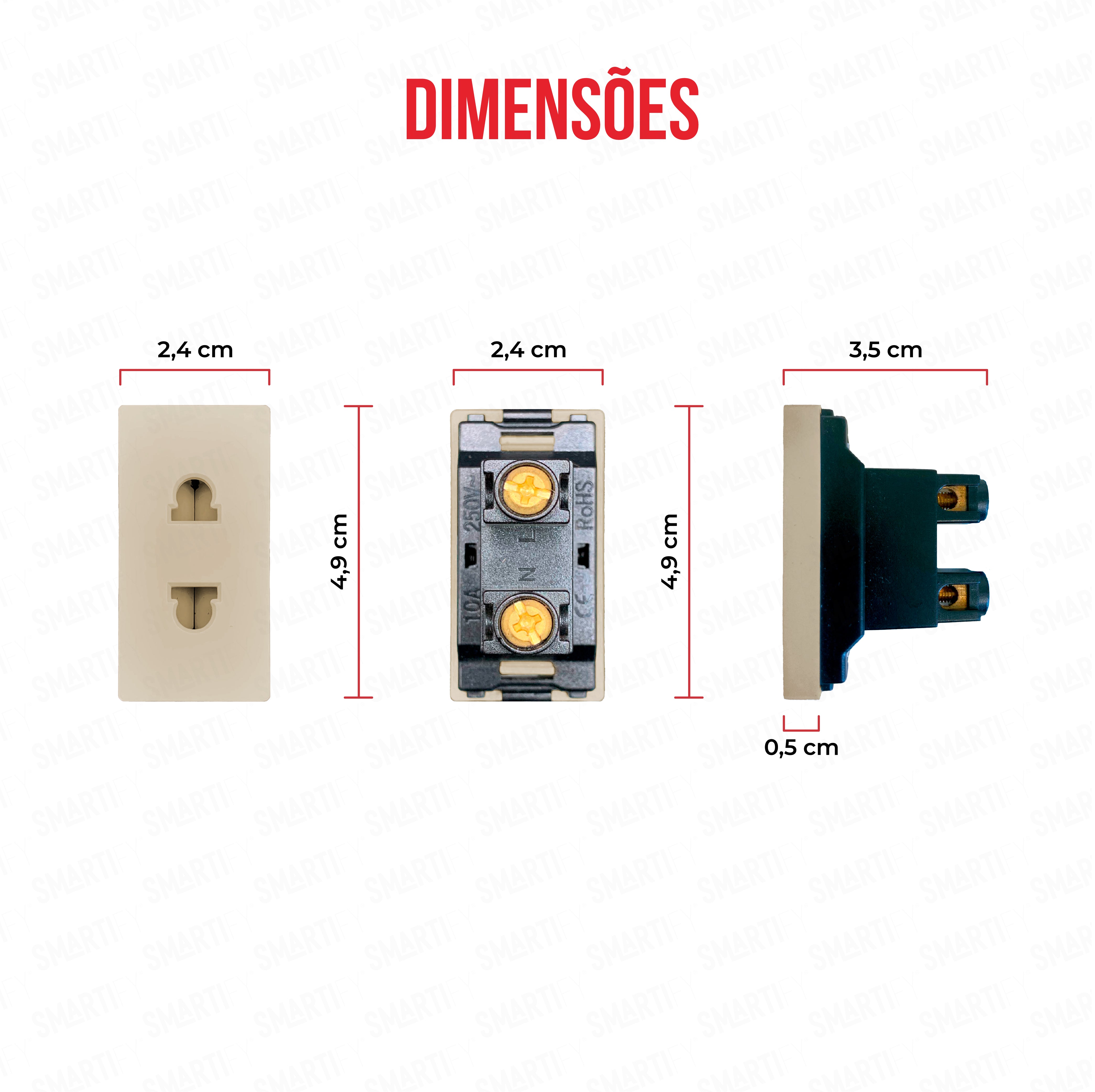 Meio Módulo 2PIN Dourado – imagem exibindo as dimensões do produto, destacando seu design compacto.