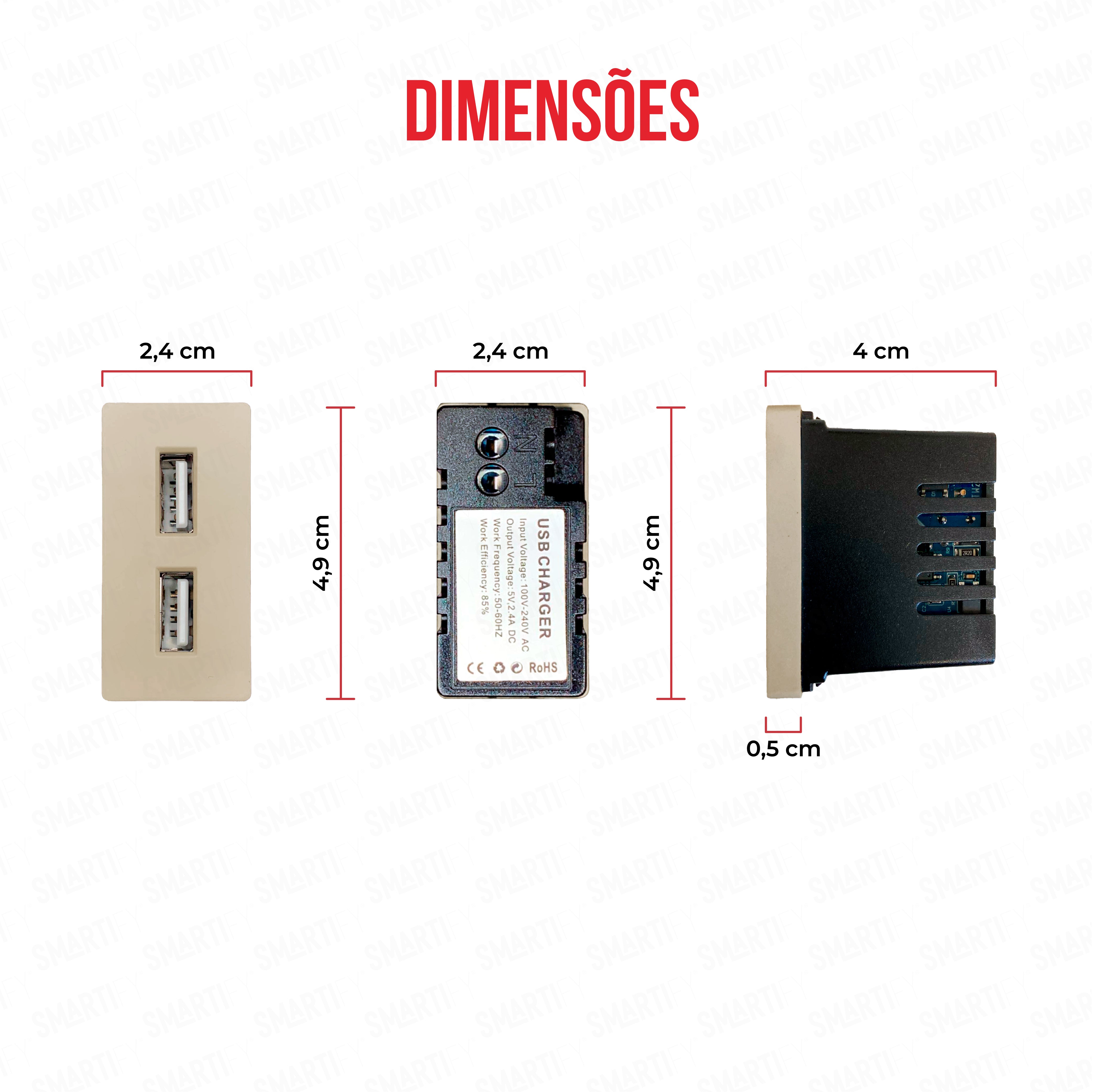 Meio Módulo USB-A 2.4A Dourado – imagem exibindo as dimensões do produto, destacando seu design compacto.