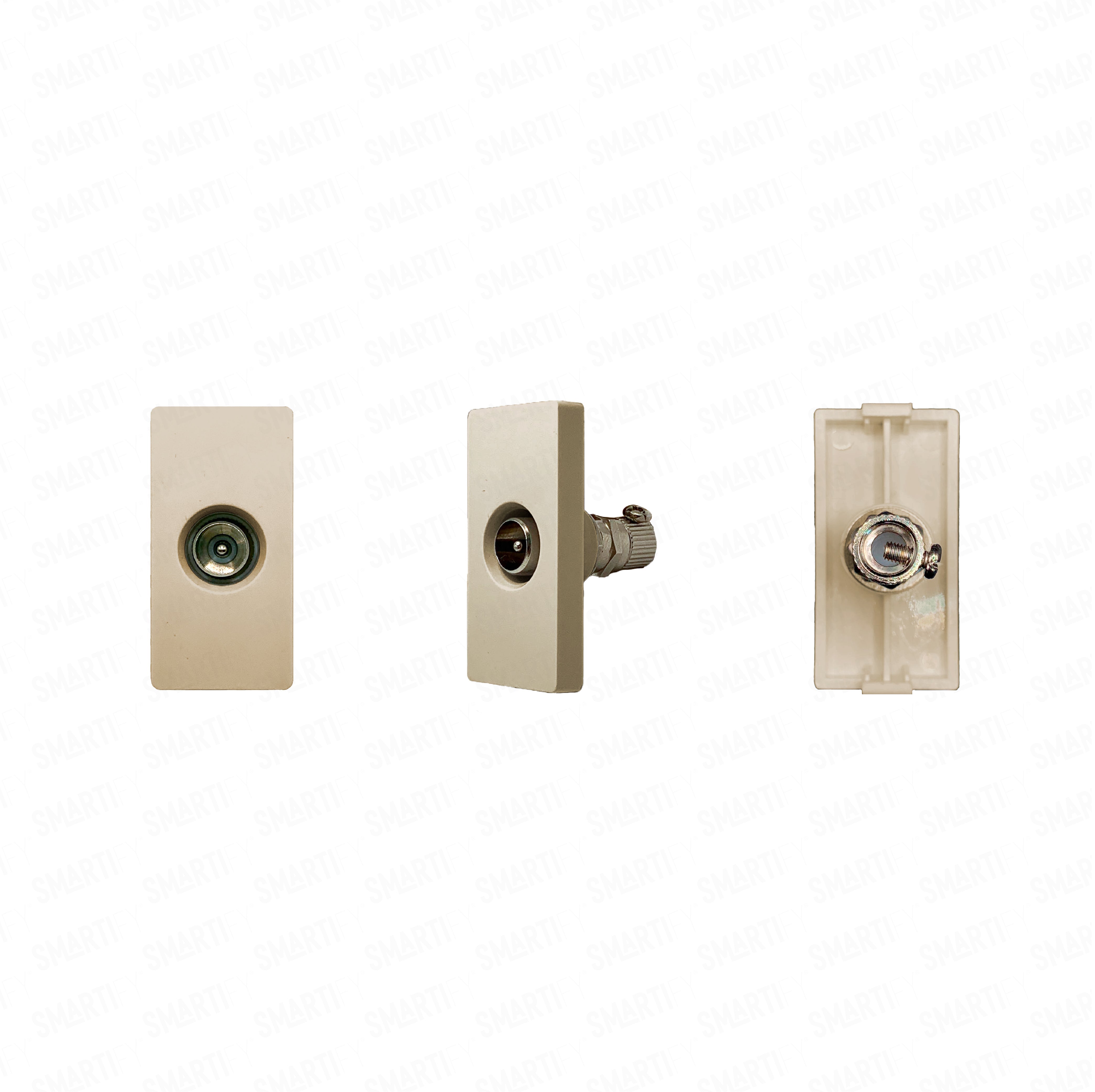 Smartify vPRO Meio Módulo TV Dourado – imagem exibindo três ângulos do dispositivo, destacando seu design compacto.