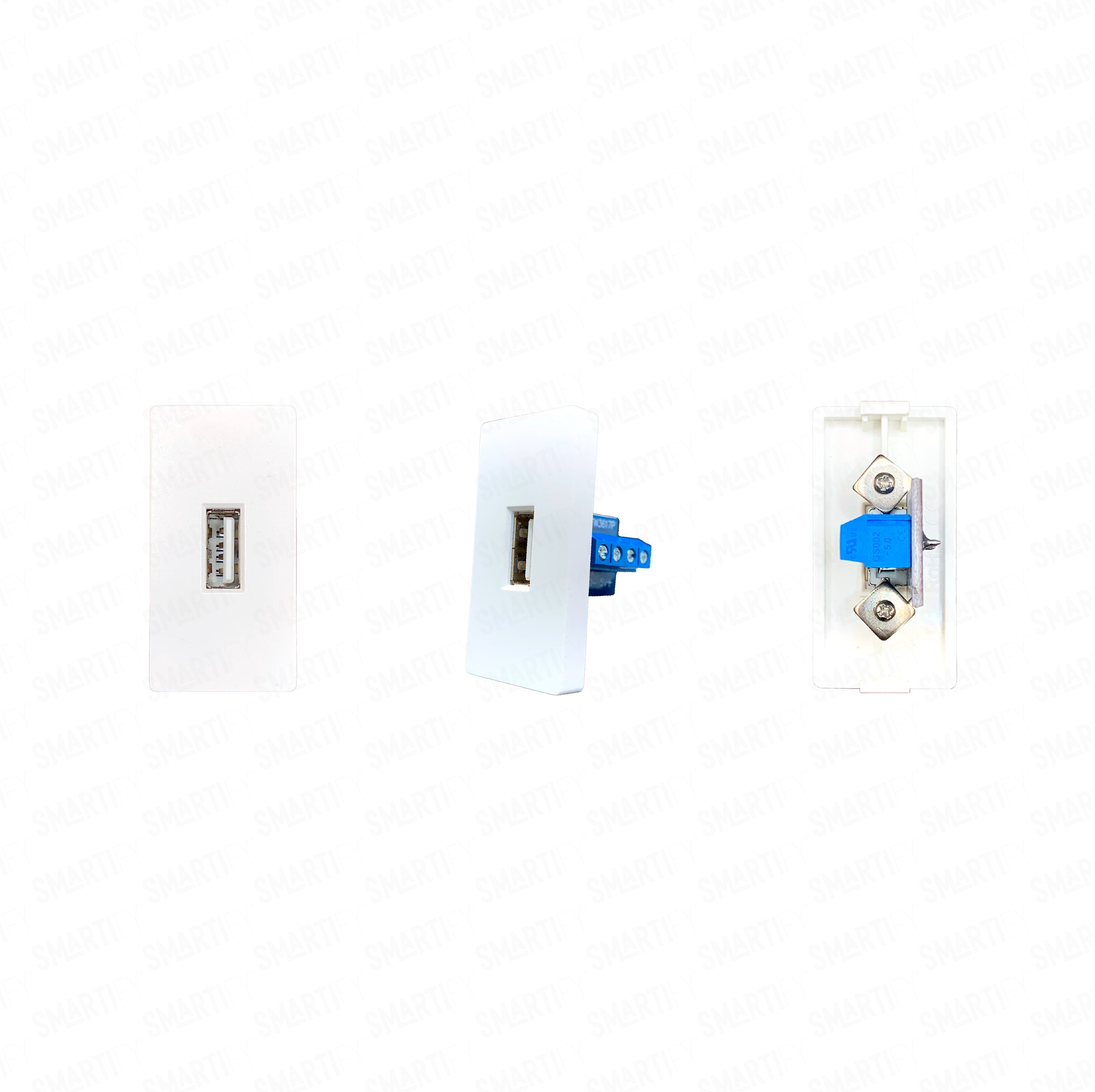 Smartify vPRO Meio Módulo USB-A c/ Transferência de Dados Branco – imagem exibindo três ângulos do dispositivo, destacando seu design compacto.