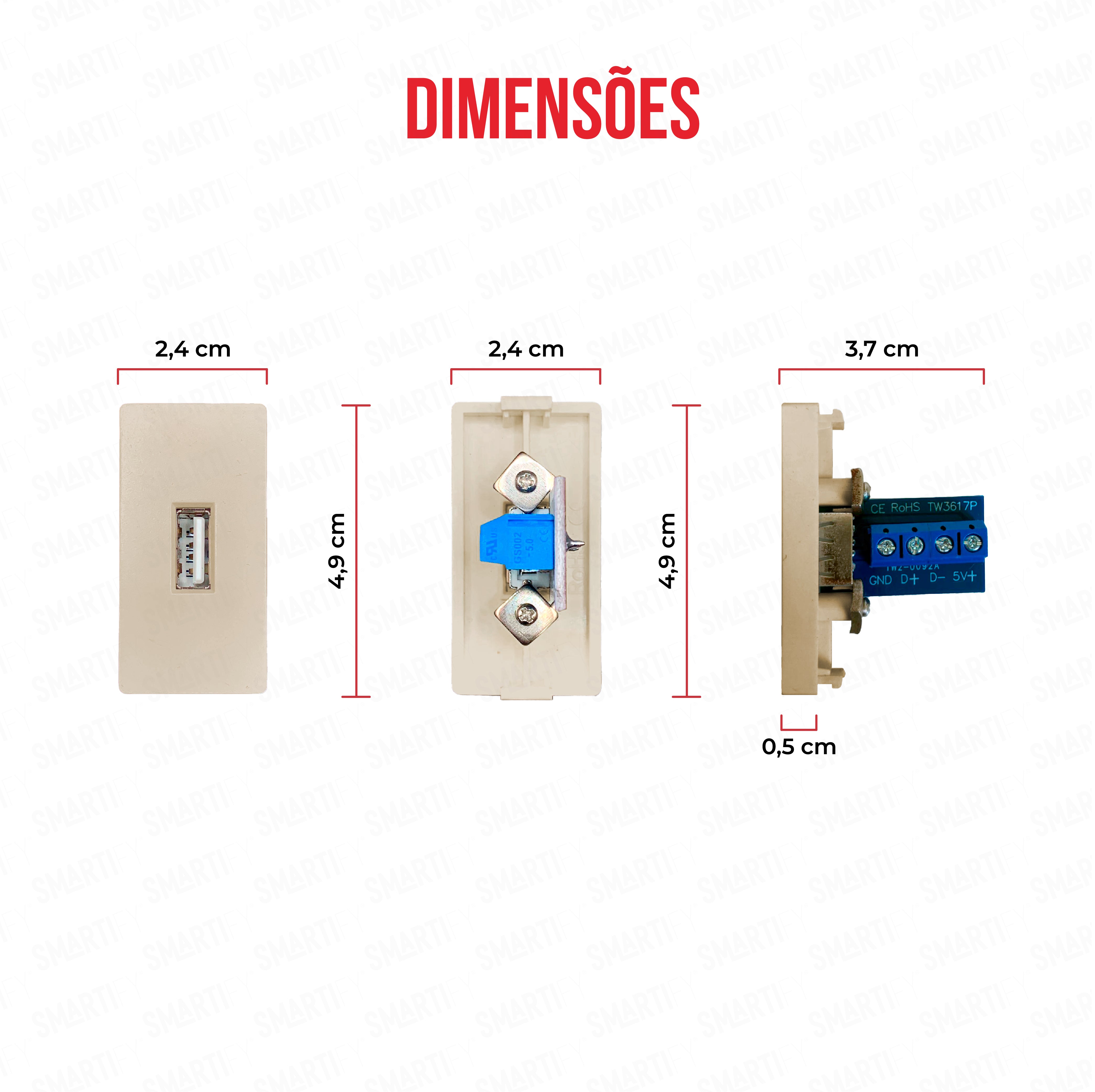 Smartify vPRO Meio Módulo USB-A c/ Transferência de Dados Dourado - imagem exibindo as dimensões do produto, destacando seu design compacto.