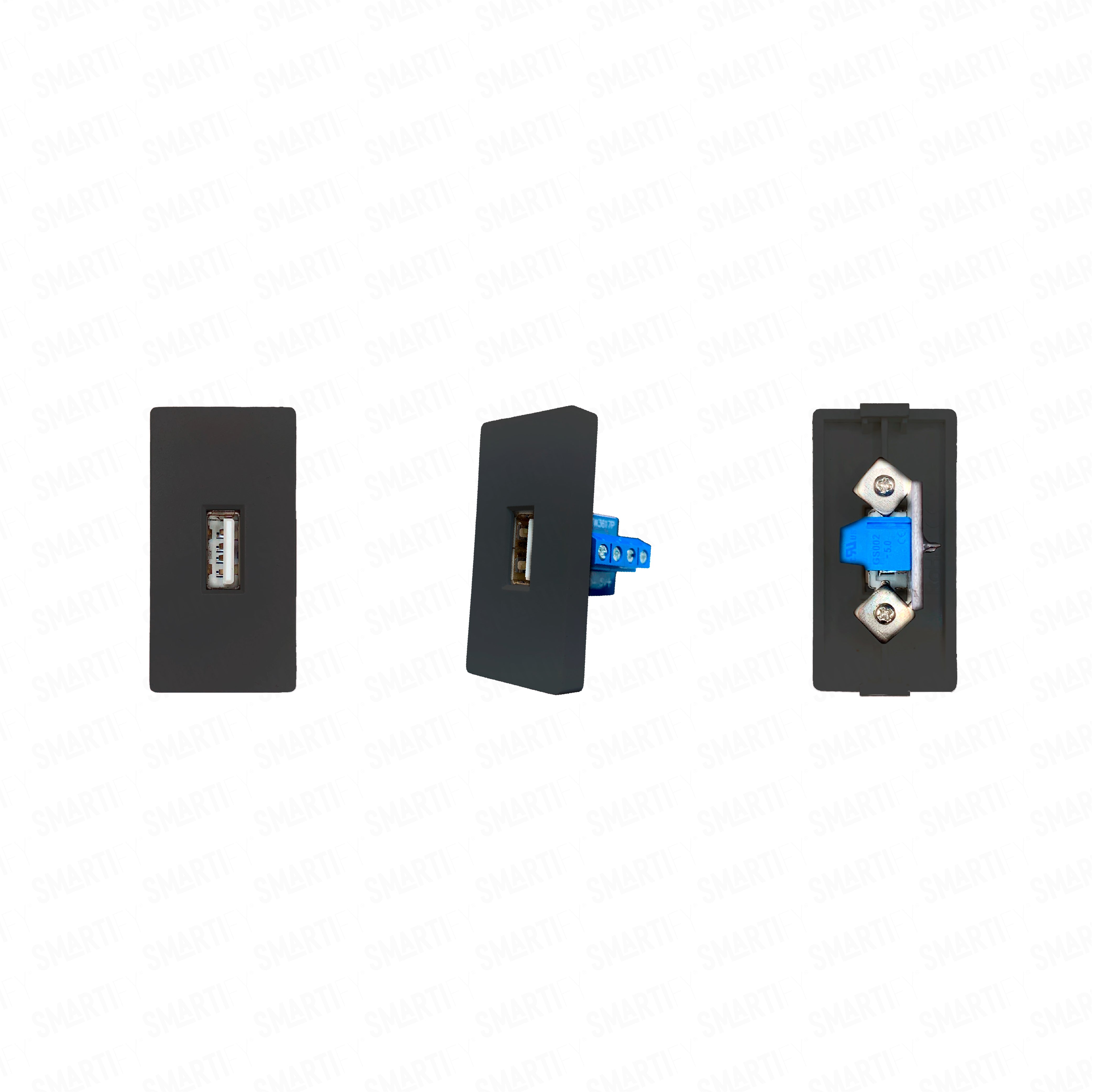 Smartify vPRO Meio Módulo USB-A c/ Transferência de Dados Preto – imagem exibindo três ângulos do dispositivo, destacando seu design compacto.