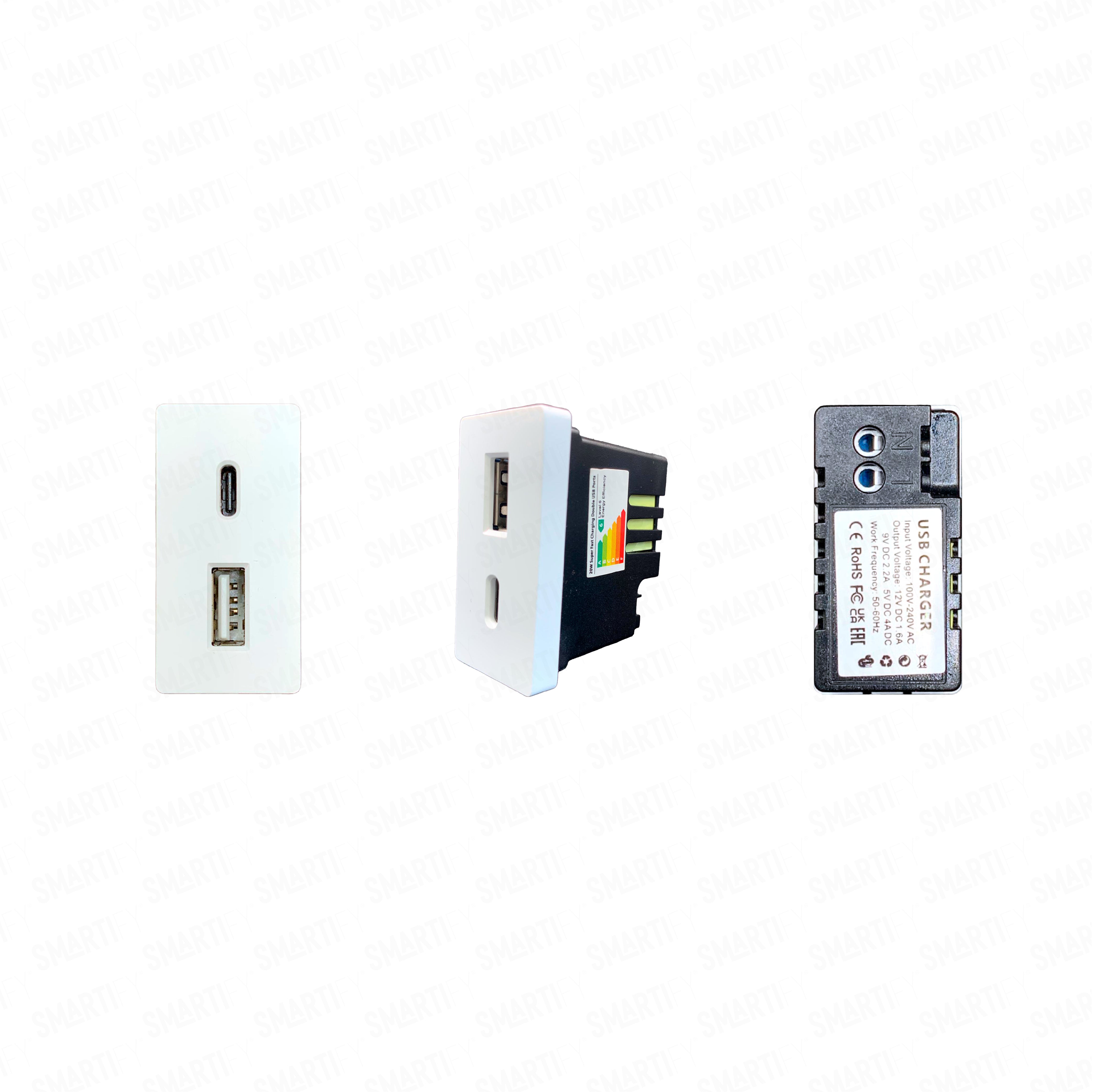Meio Módulo USB-C + USB-A  20W Branco SYP0MUCABR – imagem exibindo três ângulos do dispositivo, destacando seu design compacto.