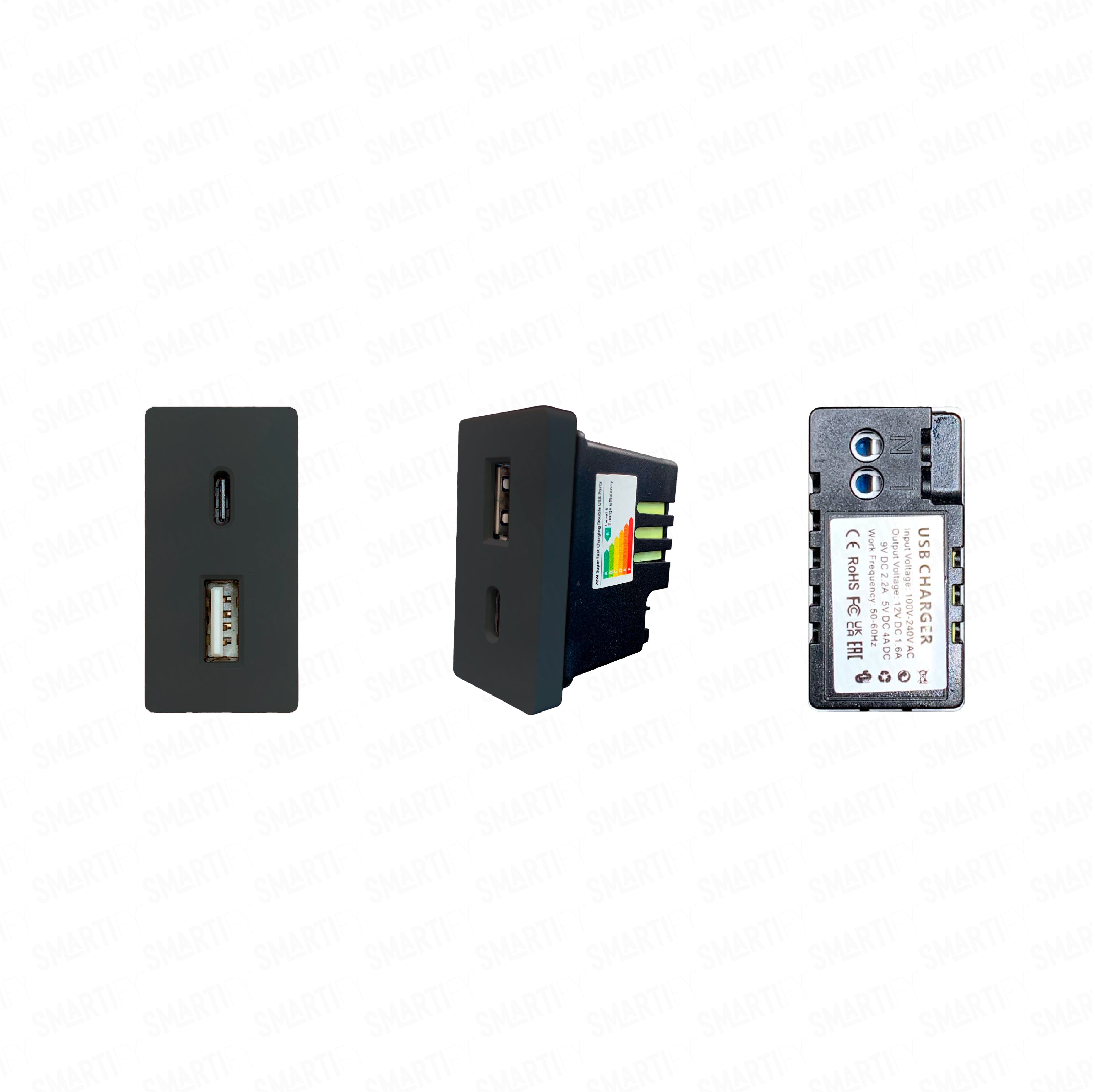 Meio Módulo USB-C + USB-A  20W Preto – imagem exibindo três ângulos do dispositivo, destacando seu design compacto.