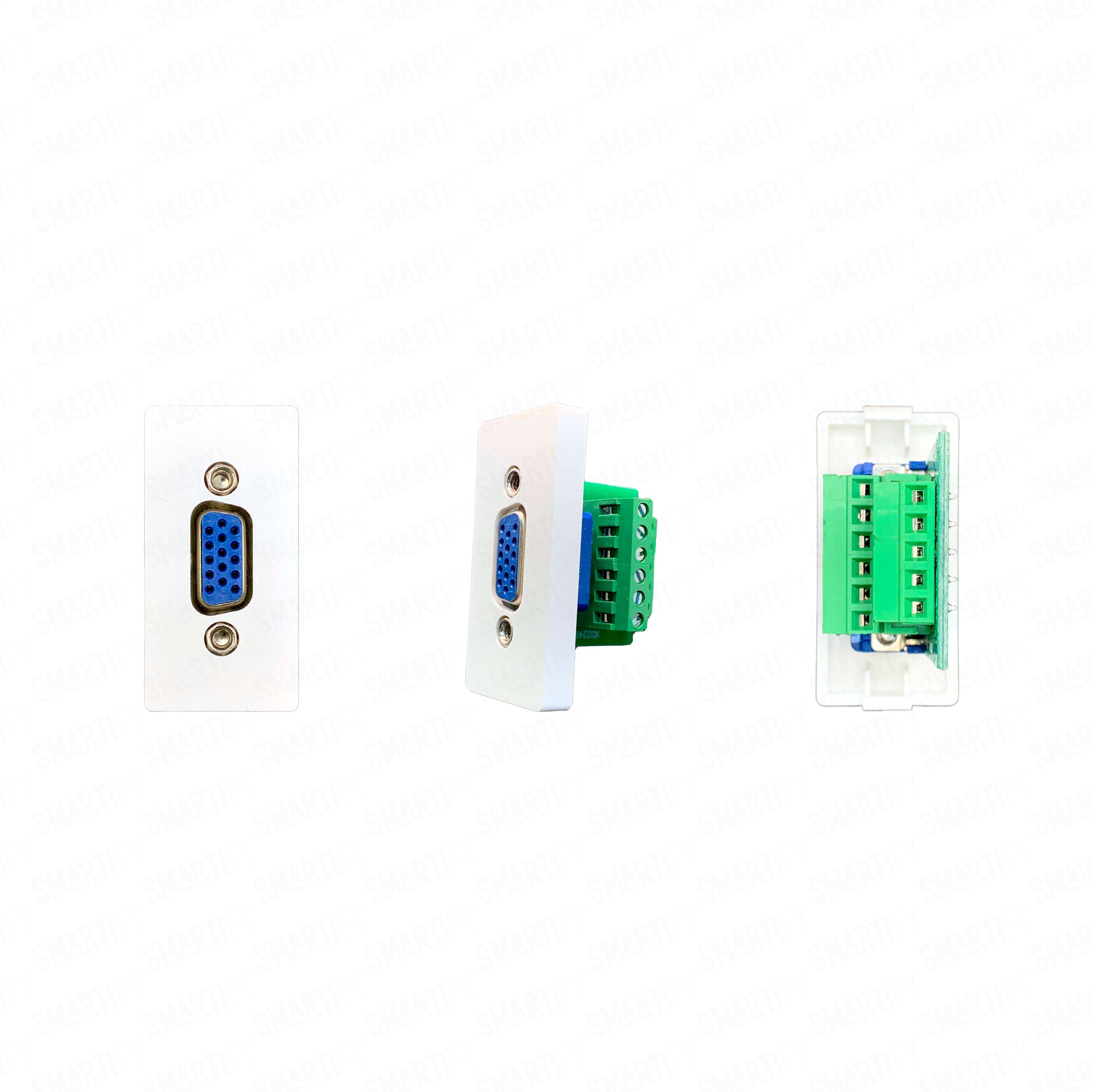 Smartify vPRO Meio Módulo VGA Branco – imagem exibindo três ângulos do dispositivo, destacando seu design compacto.