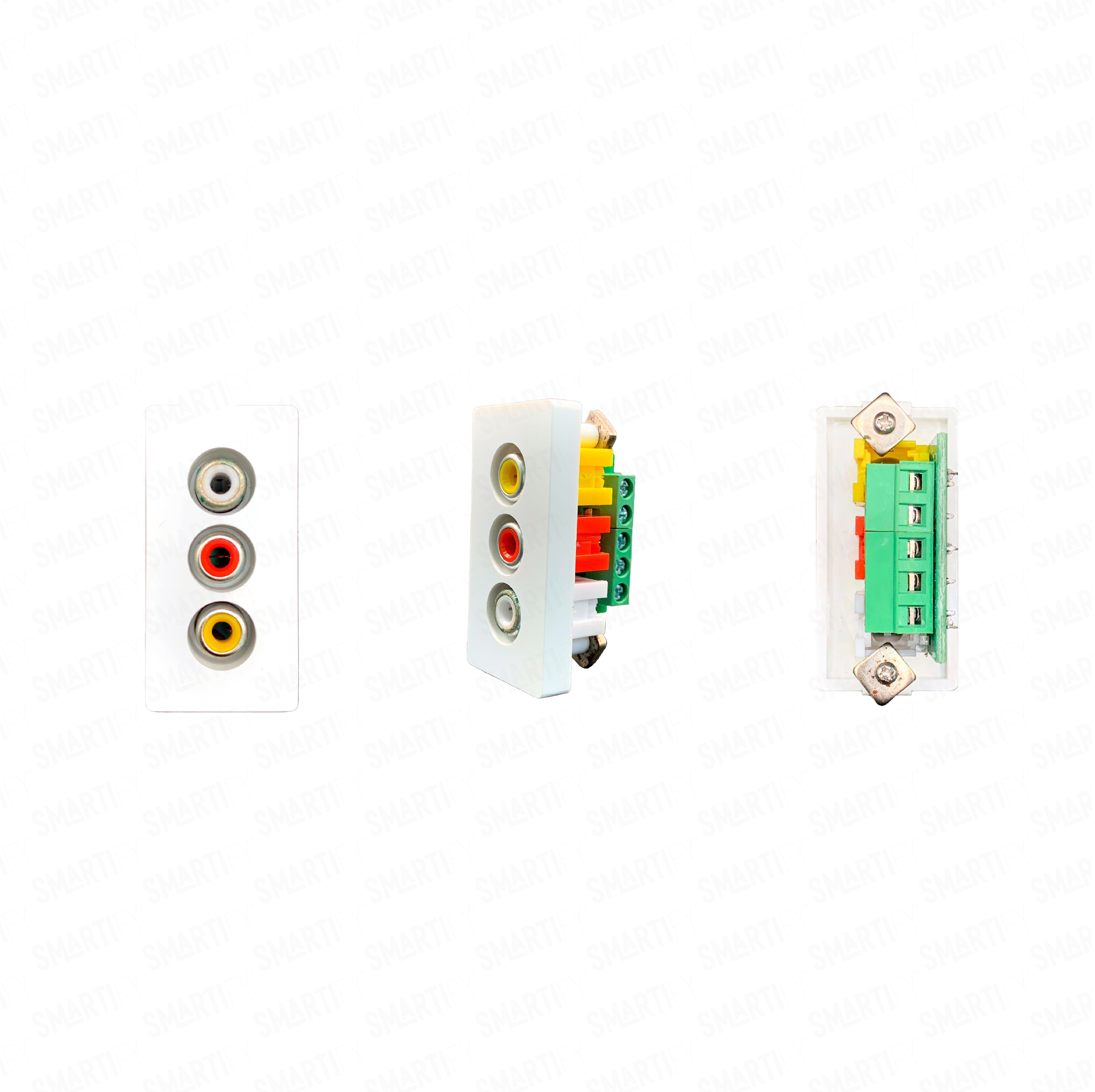 Smartify vPRO Meio Módulo banana Branco – imagem exibindo três ângulos do dispositivo, destacando seu design compacto.