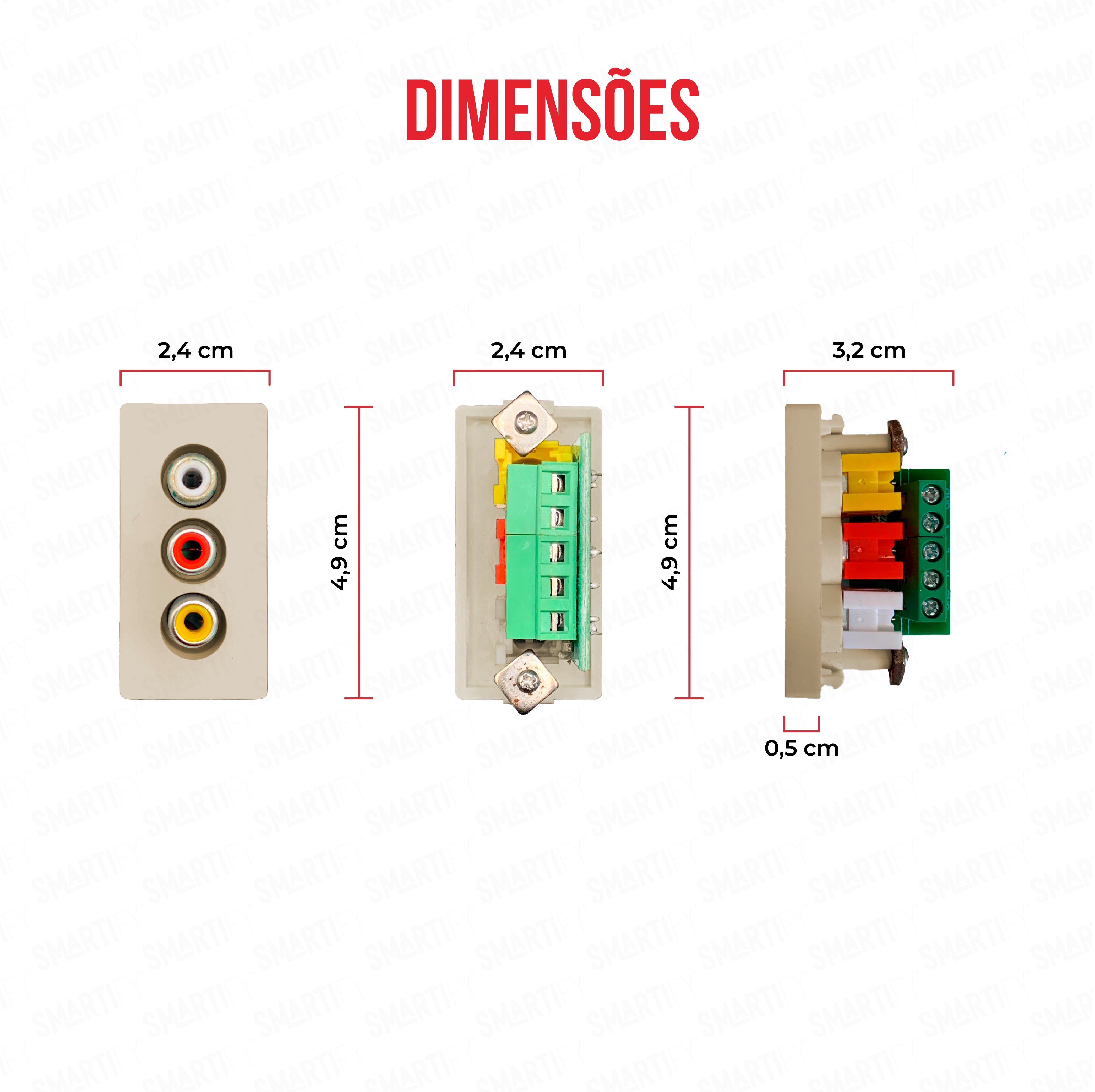 Smartify vPRO Meio Módulo banana Dourado - imagem exibindo as dimensões do produto, destacando seu design compacto.