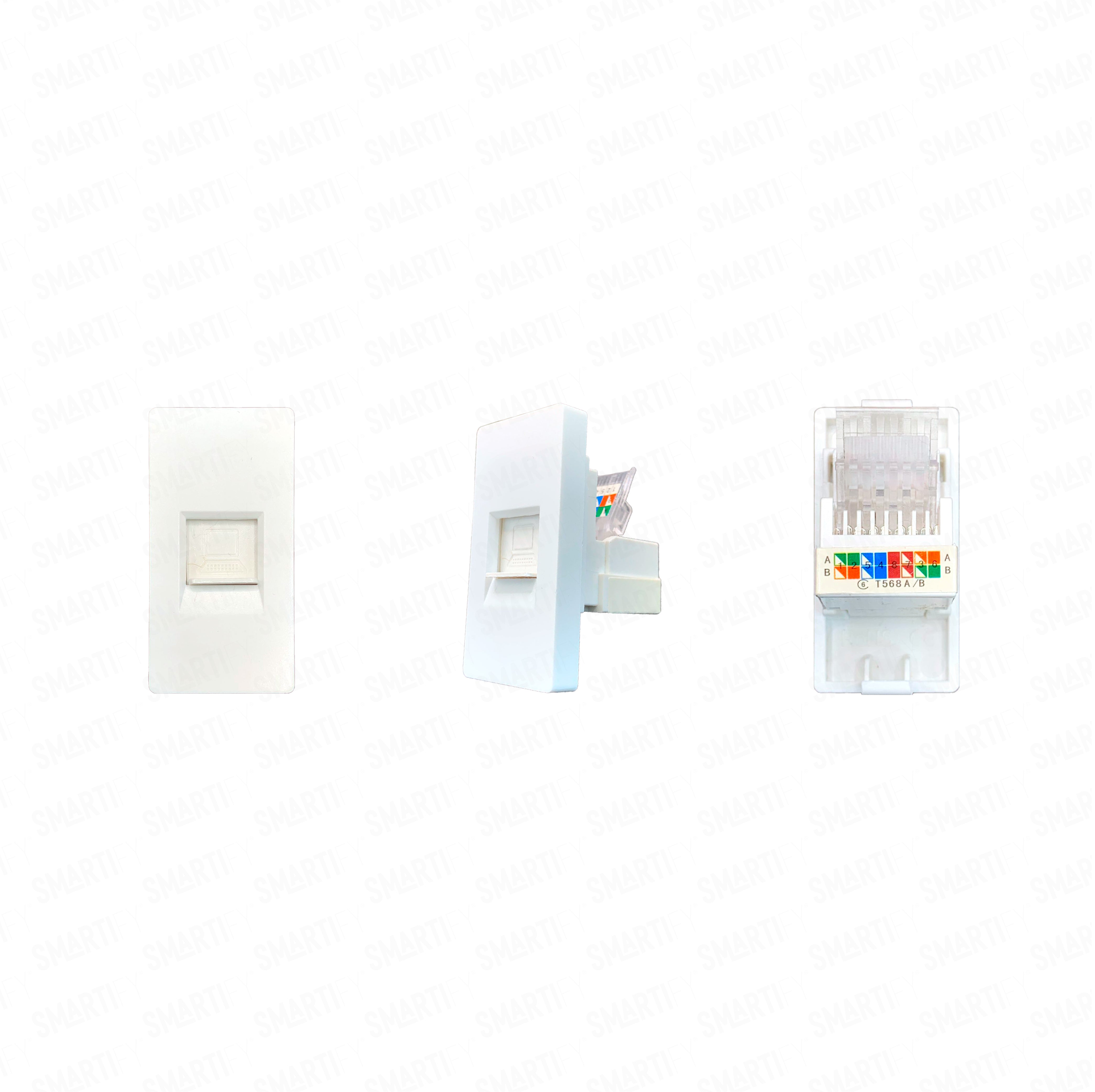 Smartify vPRO Meio Módulo CAT 6 Branco – imagem exibindo três ângulos do dispositivo, destacando seu design compacto.