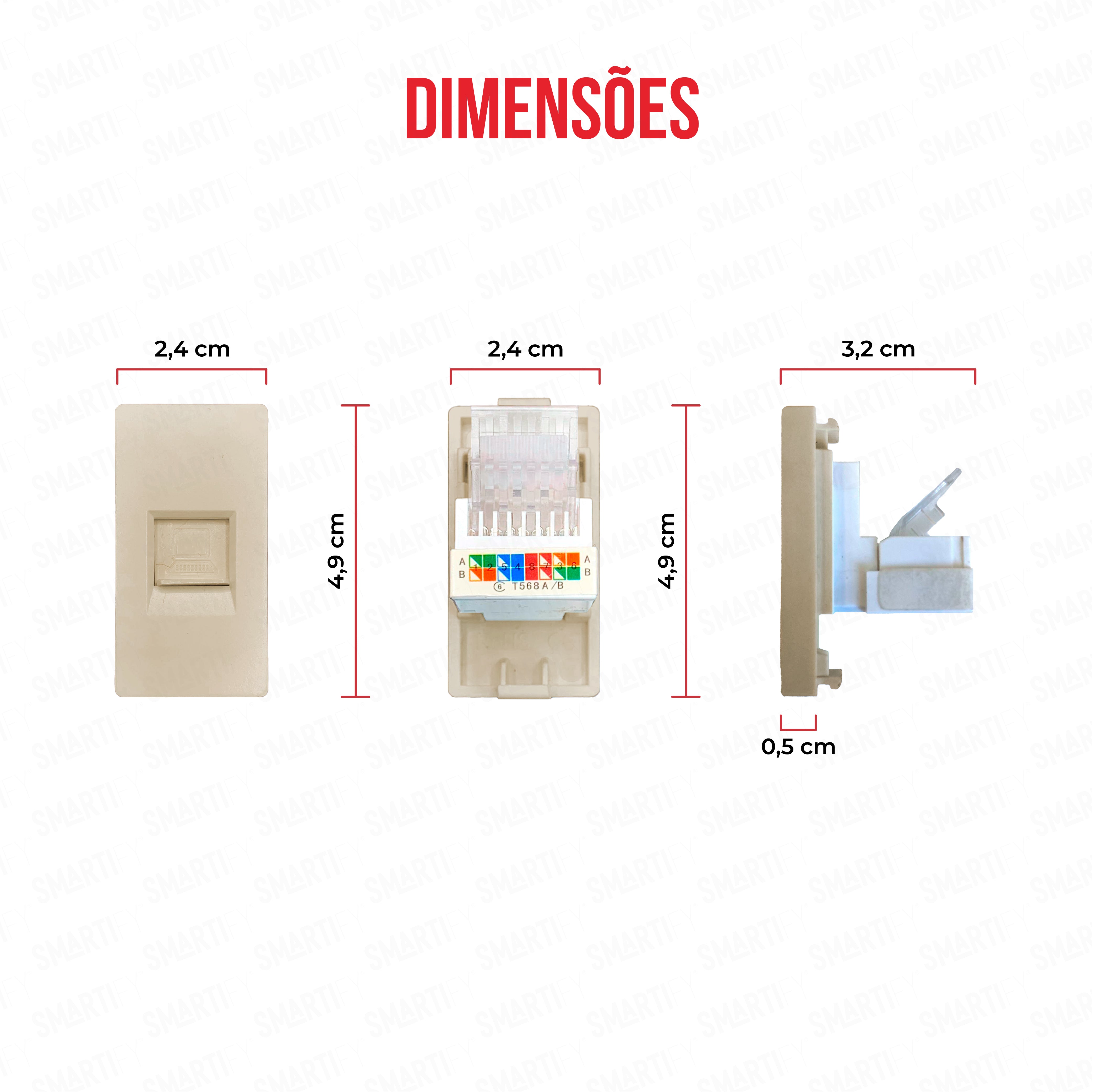 Smartify vPRO Meio Módulo CAT 6 Dourado - imagem exibindo as dimensões do produto, destacando seu design compacto.