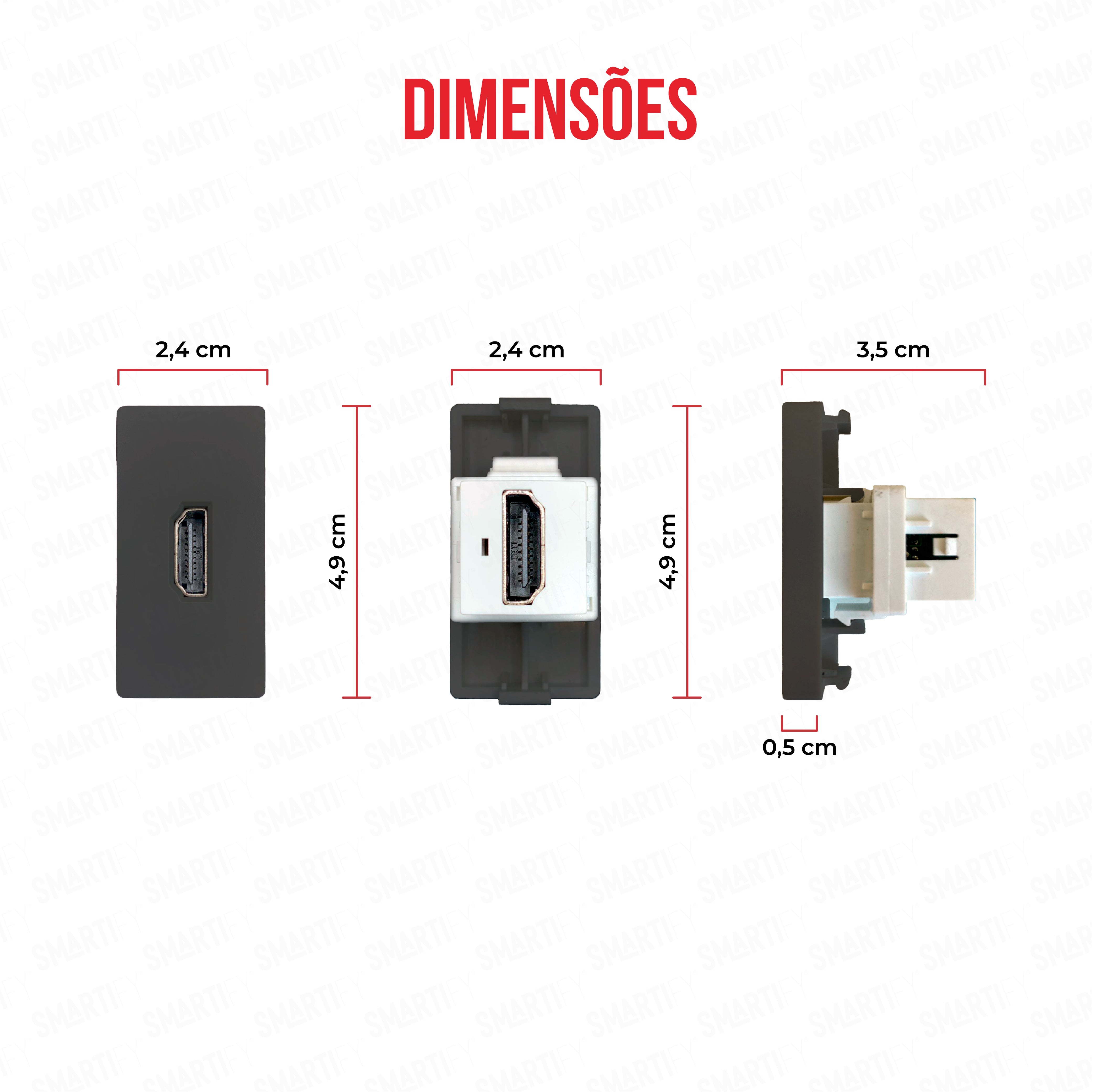 Smartify vPRO Meio Módulo HDMI Preto - imagem exibindo as dimensões do produto, destacando seu design compacto.