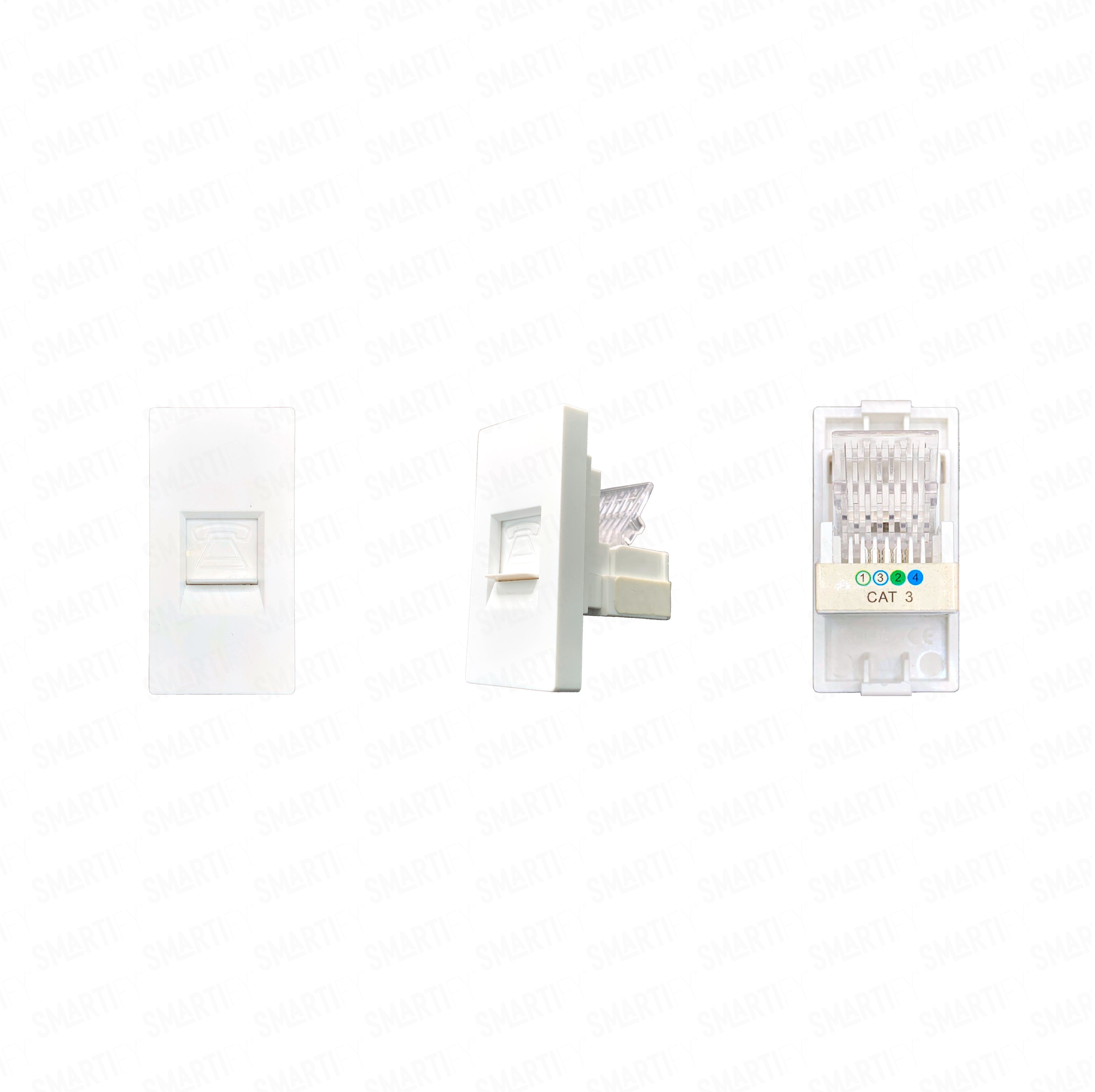 Smartify vPRO Meio Módulo de Telefone Branco – imagem exibindo três ângulos do dispositivo, destacando seu design compacto.