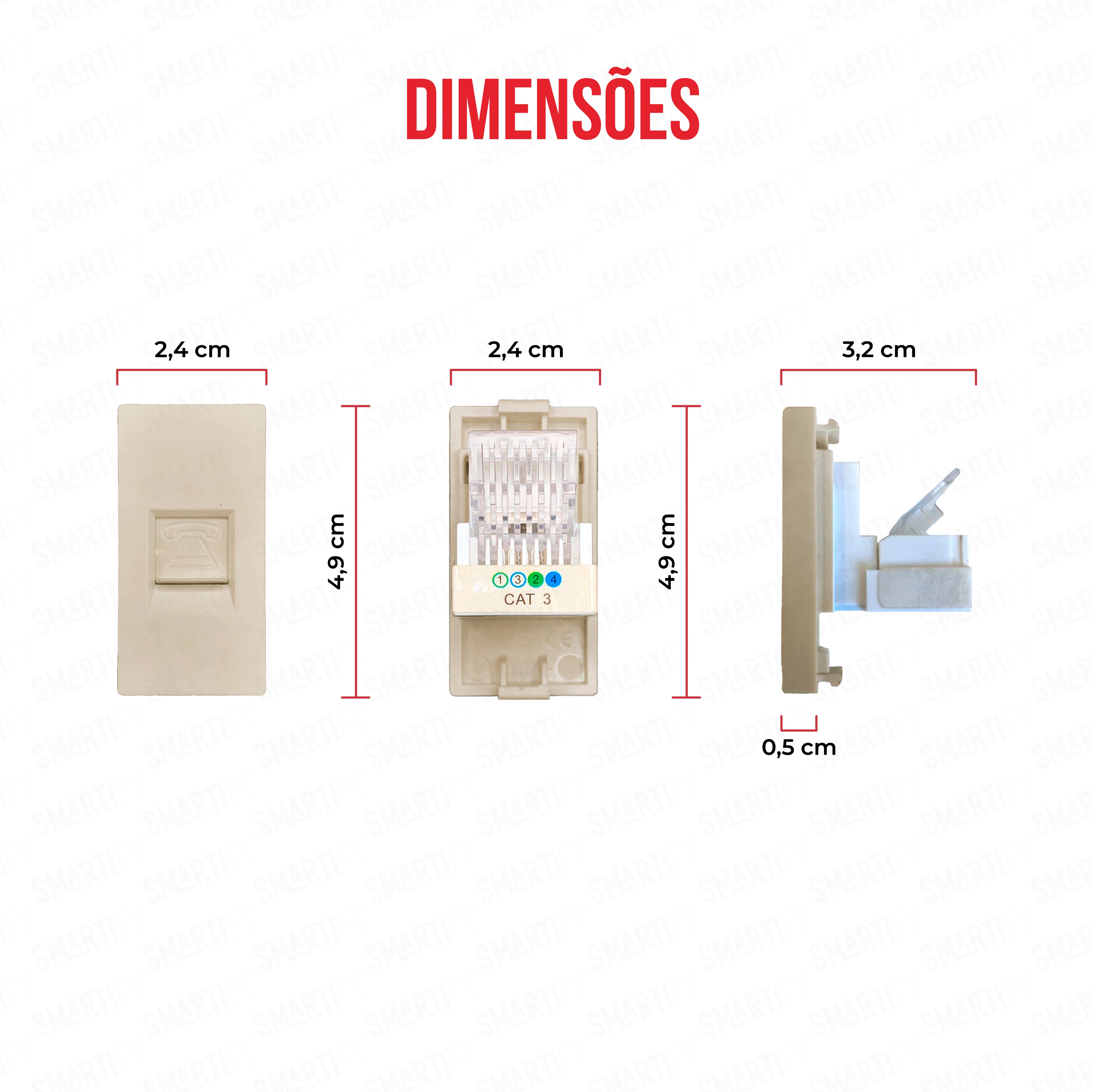 Smartify vPRO Meio Módulo de Telefone Dourado - imagem exibindo as dimensões do produto, destacando seu design compacto.