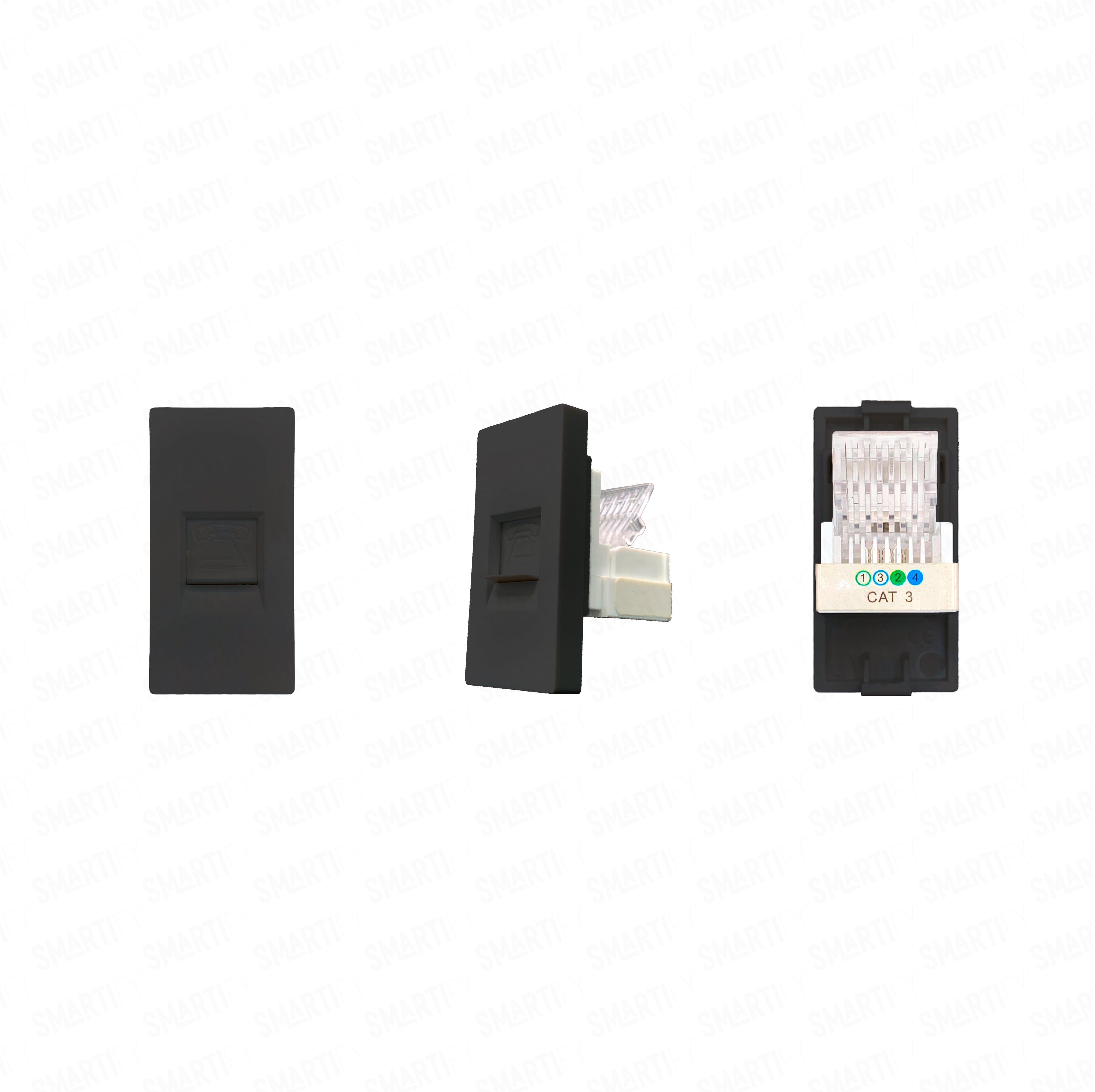 Smartify vPRO Meio Módulo de Telefone Preto – imagem exibindo três ângulos do dispositivo, destacando seu design compacto.