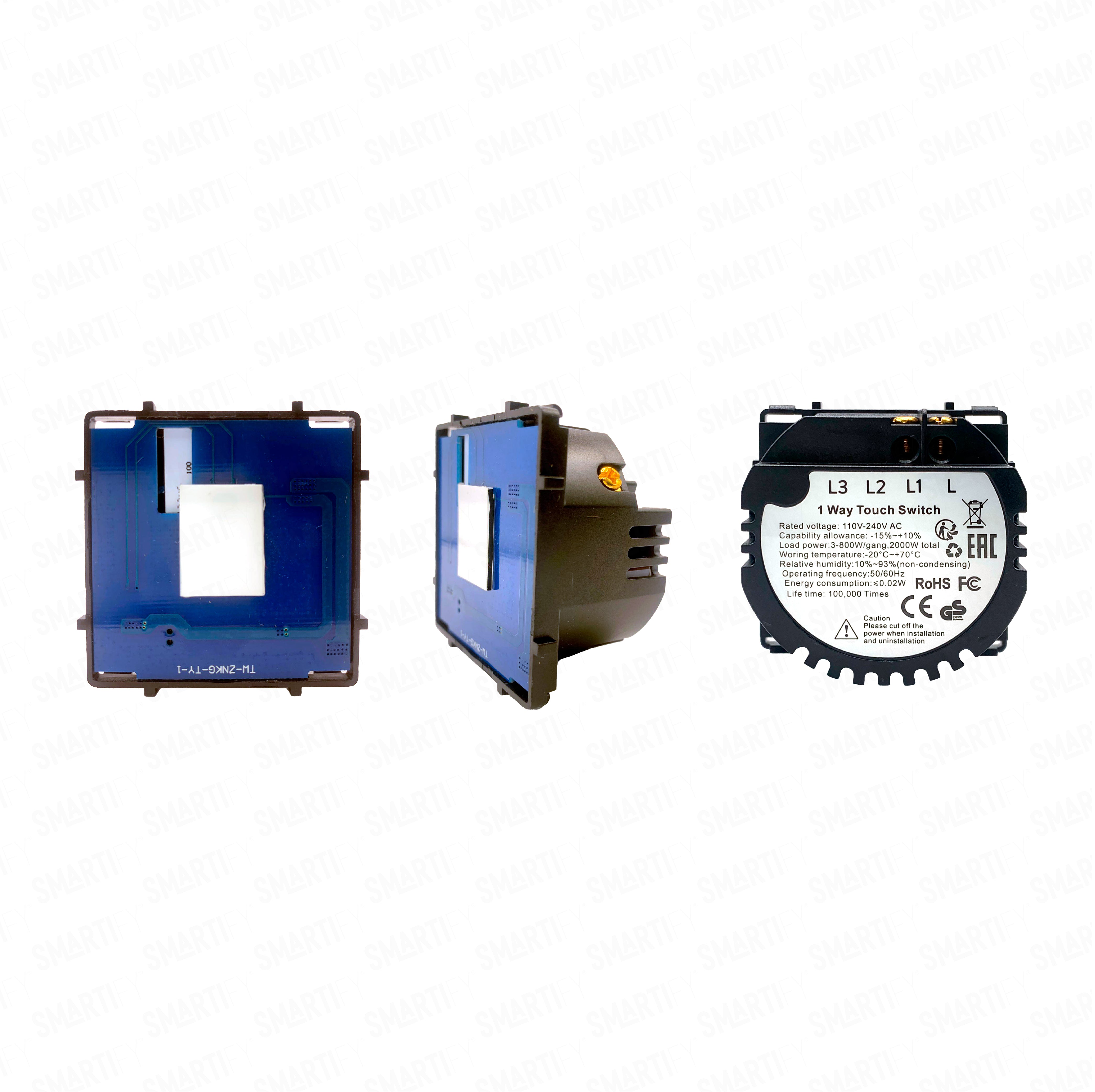 Smartify Módulo Interruptor 1 Canal (sem neutro) – imagem exibindo três ângulos do dispositivo, destacando seu design compacto e funcionalidades para automação residencial.