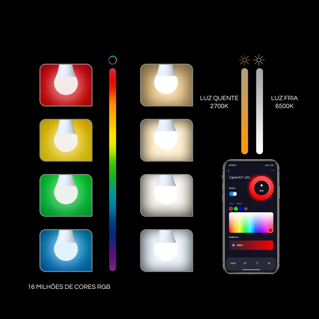 Moes Z-E27-CW modos RGB e branco ajustável 2700K a 6500K