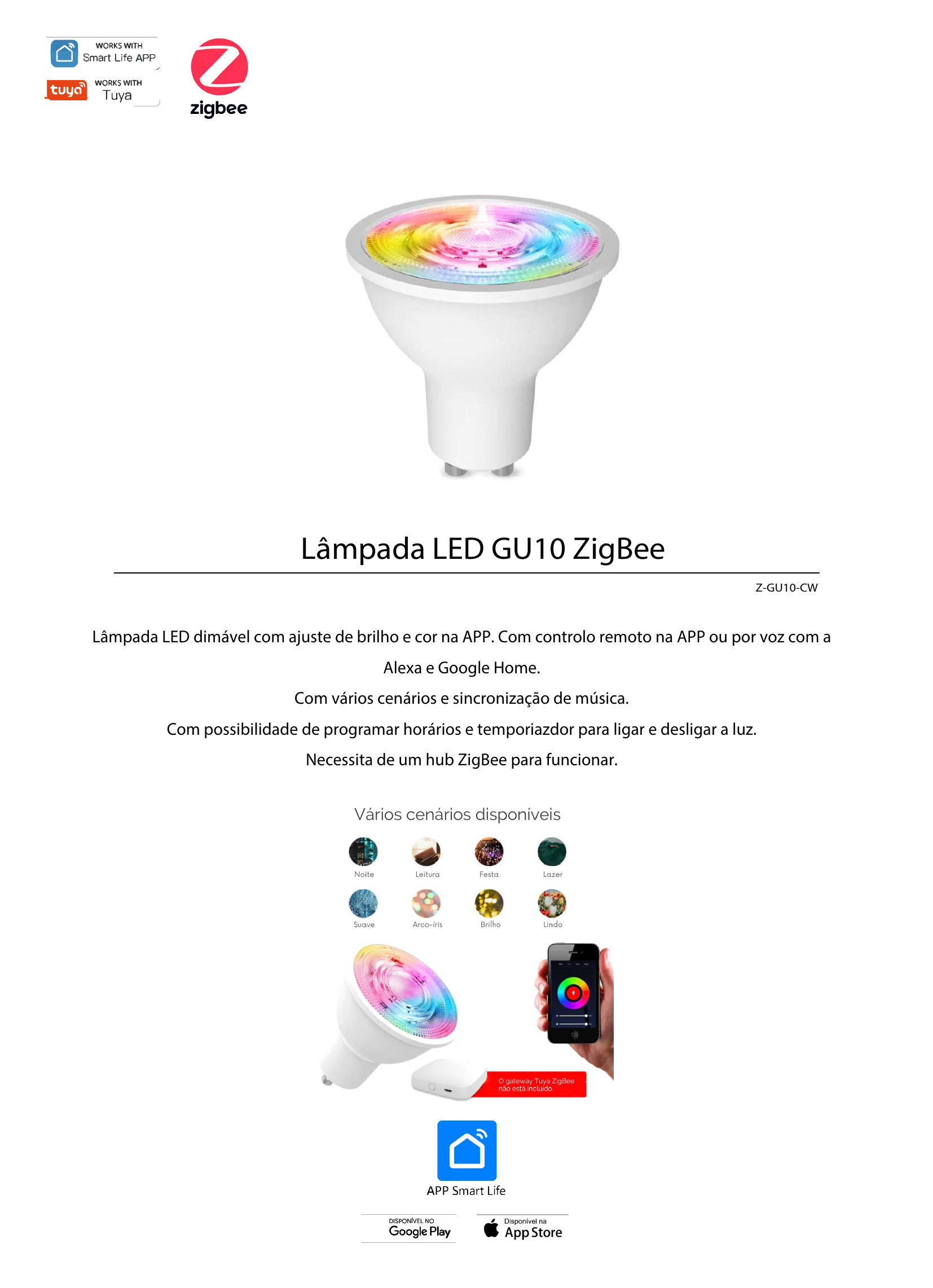Ficha da lâmpada Moes Z-GU10-CW GU10 Zigbee