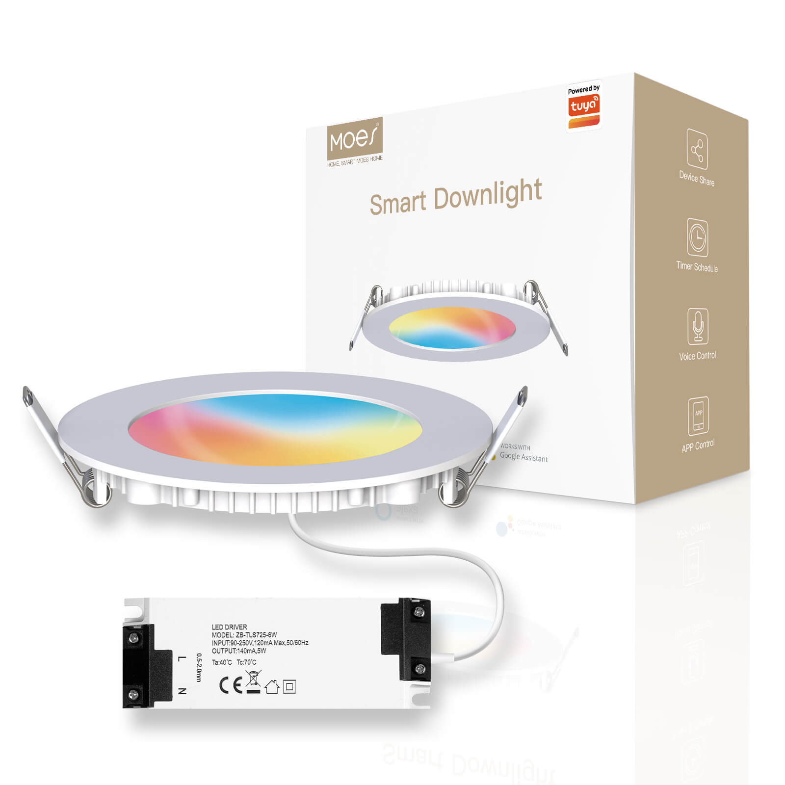 Moes Z-TDD6 spot embutido Zigbee 6W RGB com driver e embalagem