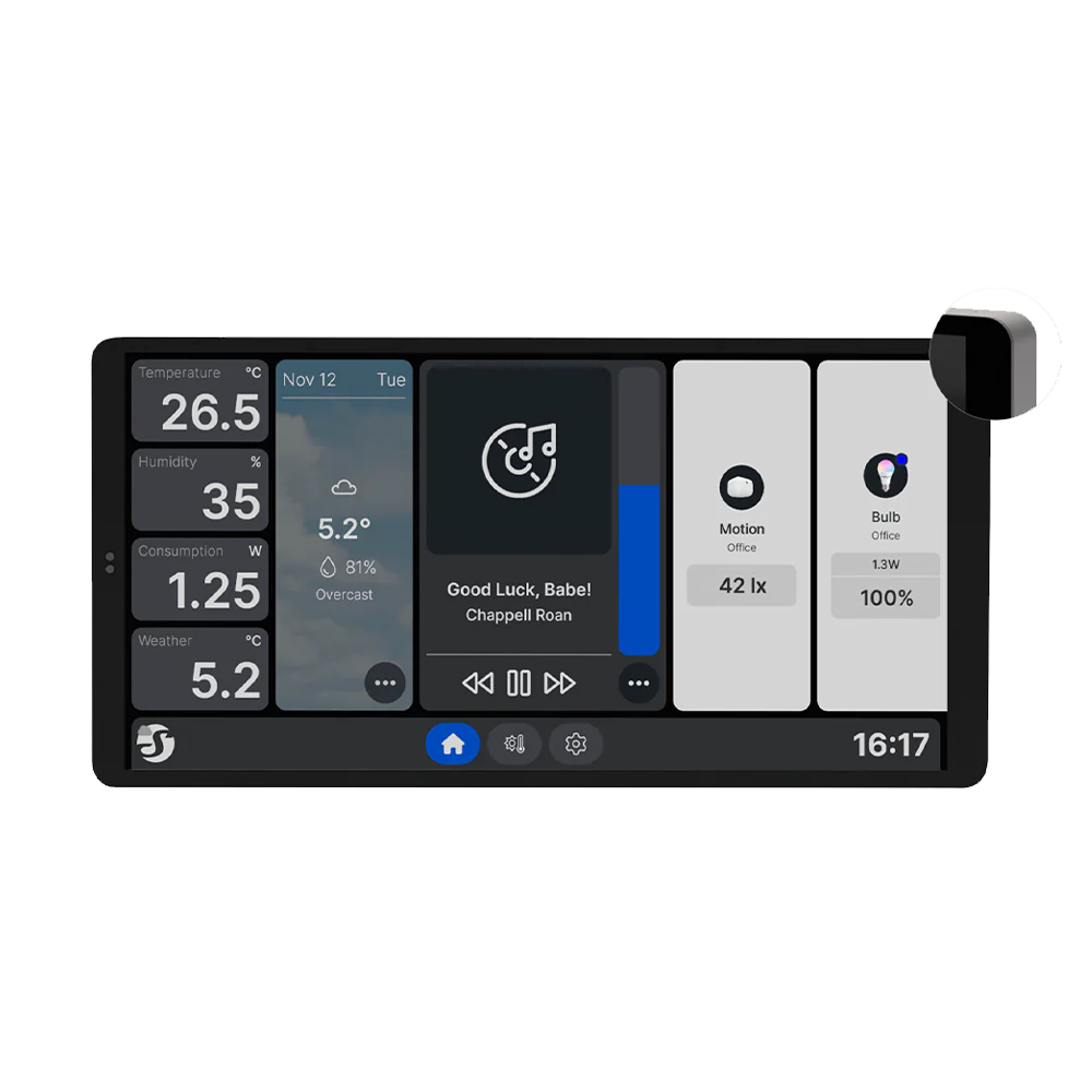 Painel touch de parede de 6,95″ que centraliza o controlo de luzes e aparelhos, com menu personalizável e monitorização de consumo via WiFi e Bluetooth.