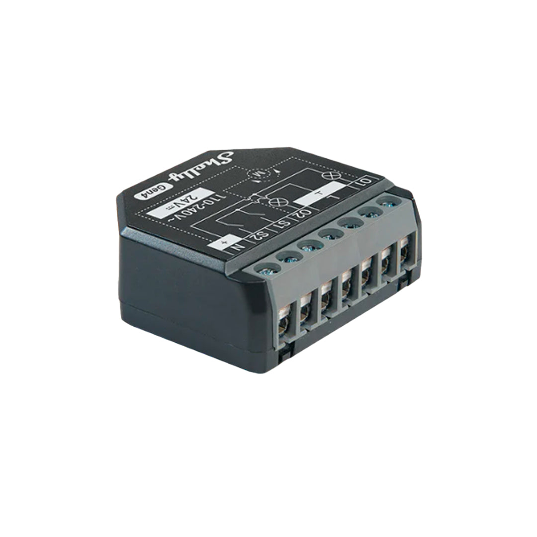 Shelly 2PM Gen4 é um módulo inteligente de dois canais, capaz de medir o consumo e controlar estores elétricos ou outros equipamentos com motor AC bidirecional.