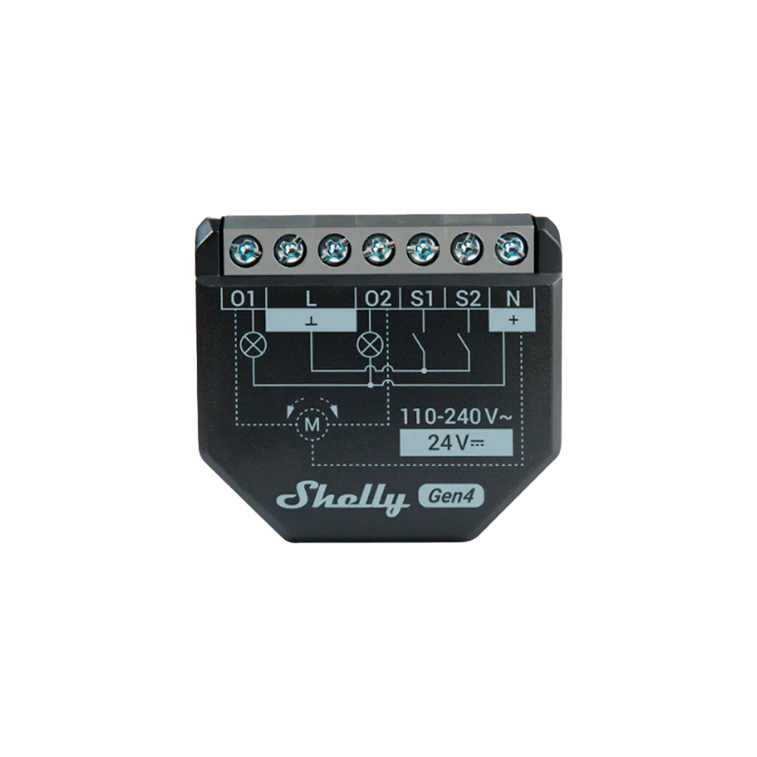 Shelly 2PM Gen4 é um módulo inteligente de dois canais, capaz de medir o consumo e controlar estores elétricos ou outros equipamentos com motor AC bidirecional.