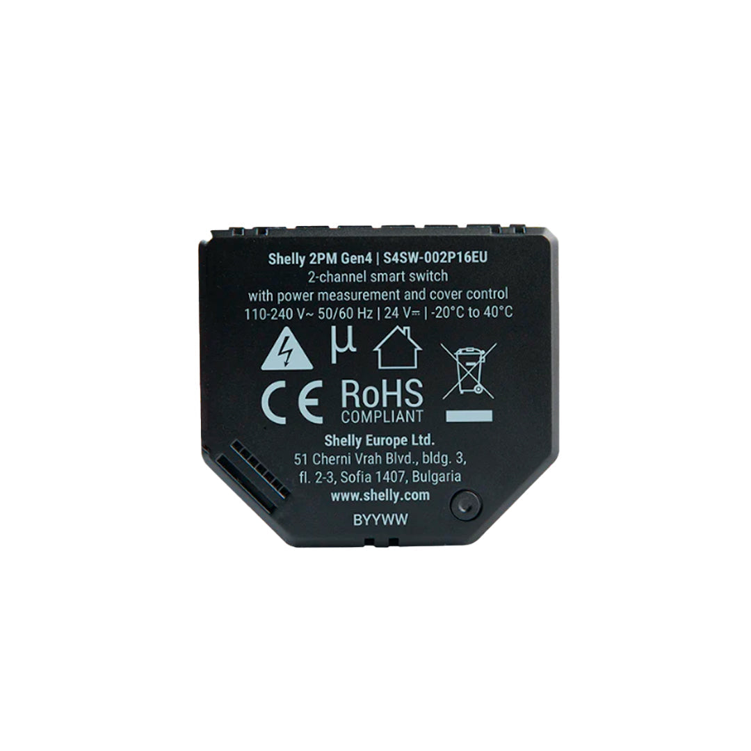 Shelly 2PM Gen4 é um módulo inteligente de dois canais, capaz de medir o consumo e controlar estores elétricos ou outros equipamentos com motor AC bidirecional.