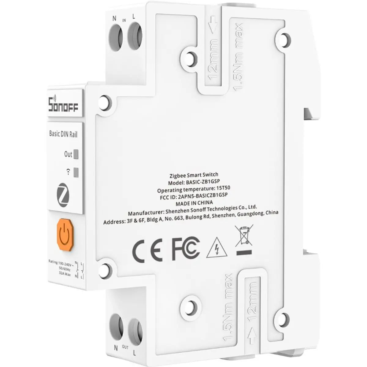 Sonoff BASIC-ZB1GSP Interruptor DIN Zigbee 32A - Vista Frontal