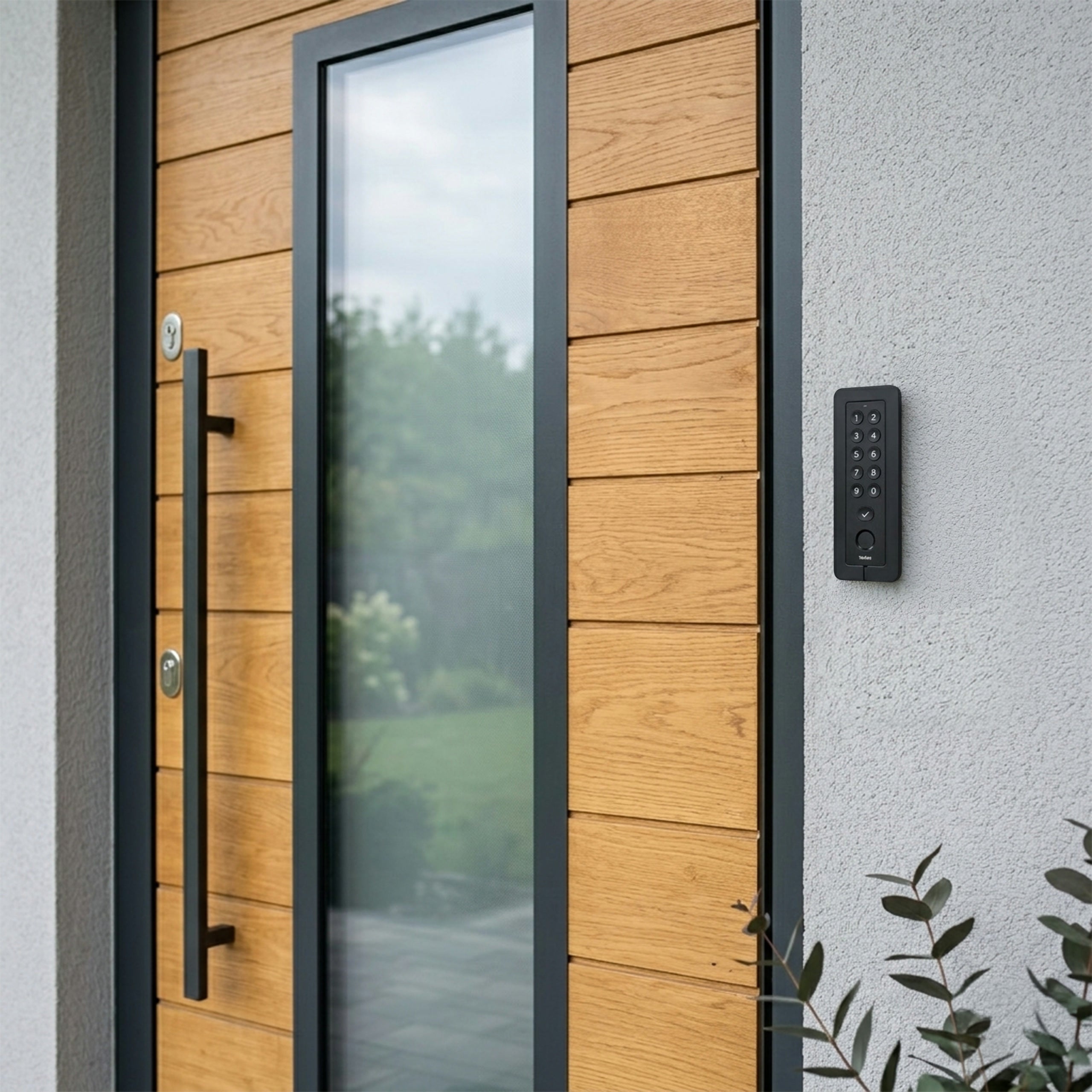 Tedee Keypad PRO noir installé dans le support Flush Wall Mount avec fond blanc