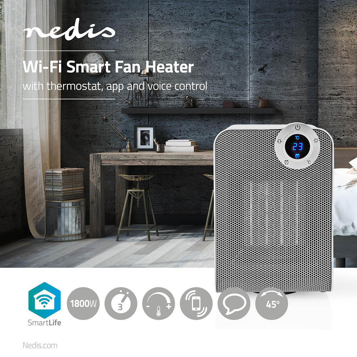 Aquecedor com ventilador Nedis SmartLife Wifi | Compacto | 1800 W | 3 Definições de calor | Oscilação | Visor | 15 - 35 °C | Android™ / IOS | Branco | utiliza com comandos de voz