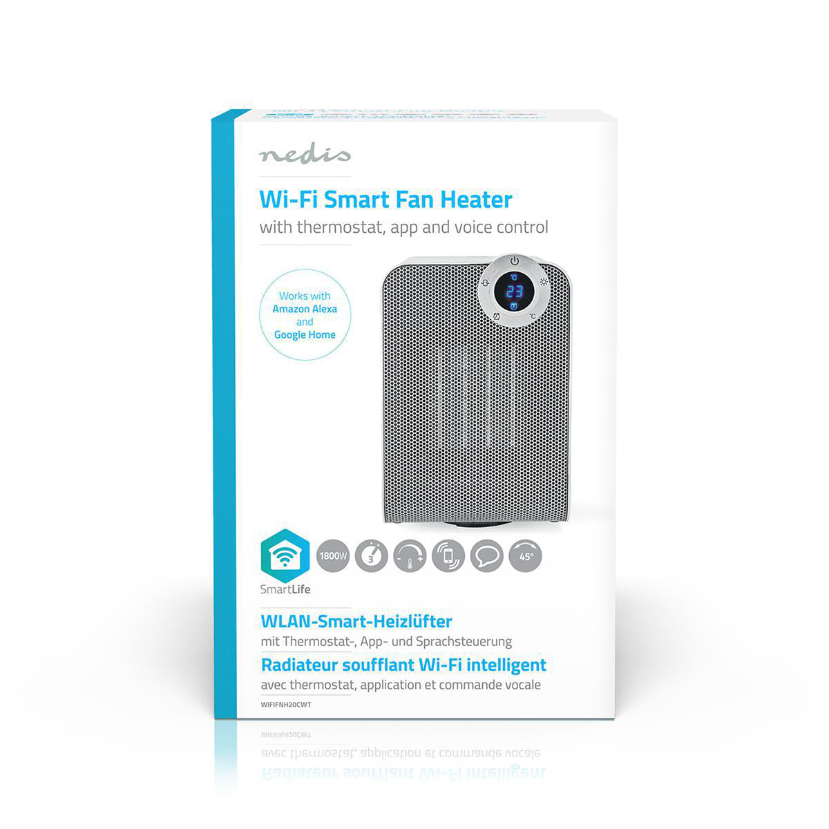 Aquecedor com ventilador Nedis SmartLife Wifi | Compacto | 1800 W | 3 Definições de calor | Oscilação | Visor | 15 - 35 °C | Android™ / IOS | Branco caixa
