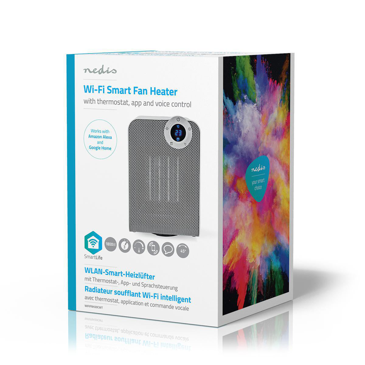 Aquecedor com ventilador Nedis SmartLife Wifi | Compacto | 1800 W | 3 Definições de calor | Oscilação | Visor | 15 - 35 °C | Android™ / IOS | Branco caixa lado
