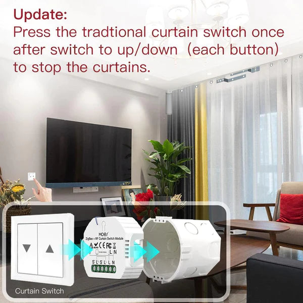 Moes Módulo de interruptor para cortina inteligente ZigBee: Controlo remoto via RF e aplicação.