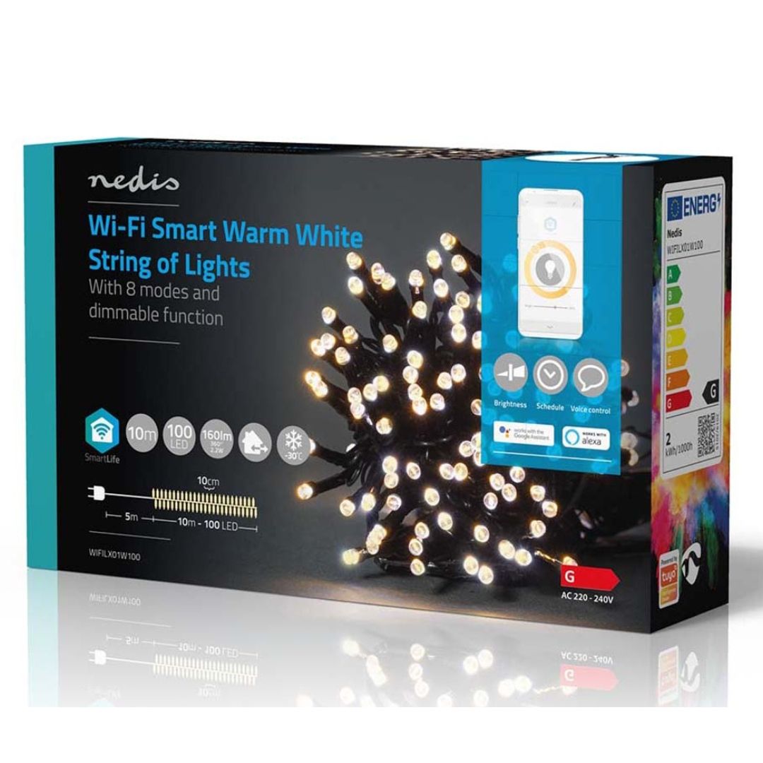 Luzes decorativas Nedis Wi-Fi, branco quente, 100 LEDs em 10m, oferecem iluminação inteligente para um Natal acolhedor e personalizado.