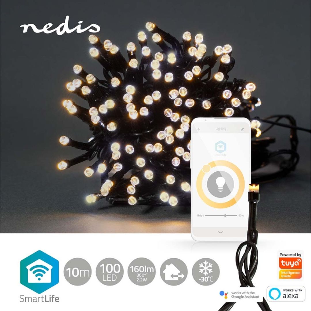 Luzes decorativas Nedis Wi-Fi, branco quente, 100 LEDs em 10m, oferecem iluminação inteligente para um Natal acolhedor e personalizado.