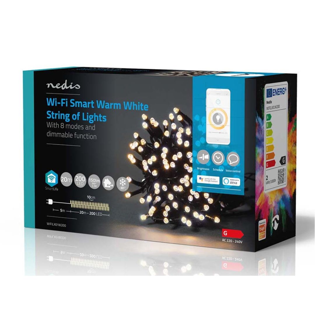 Luzes decorativas Nedis Wi-Fi, branco quente, 200 LEDs em 20m, oferecem iluminação inteligente para um Natal acolhedor e personalizado.
