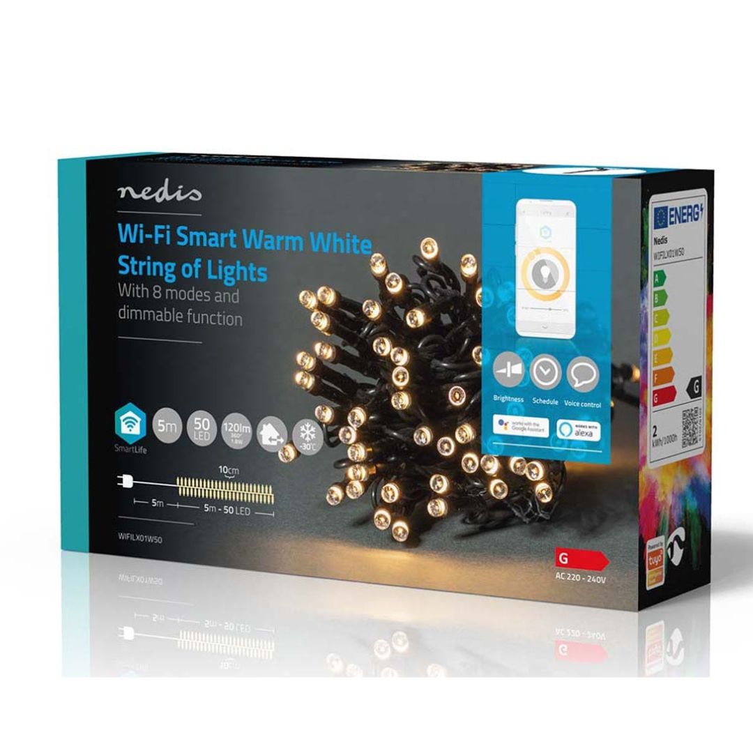 Luzes decorativas Nedis Wi-Fi, branco quente, 50 LEDs em 5m, oferecem iluminação inteligente para um Natal acolhedor e personalizado.