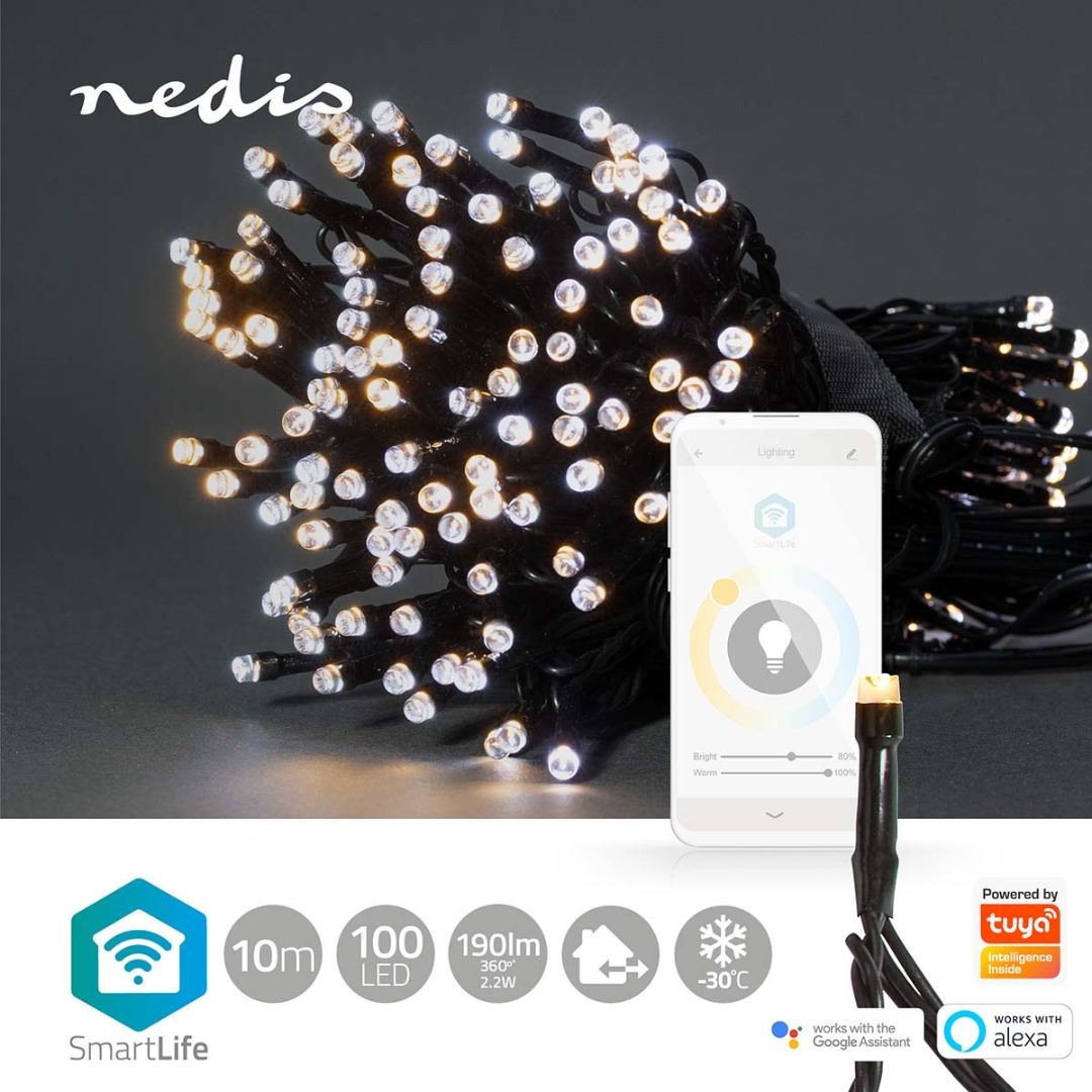 Luzes Nedis Wi-Fi, 100 LEDs em 10m, proporcionam iluminação inteligente para um Natal encantador, combinando tons quentes e frios.