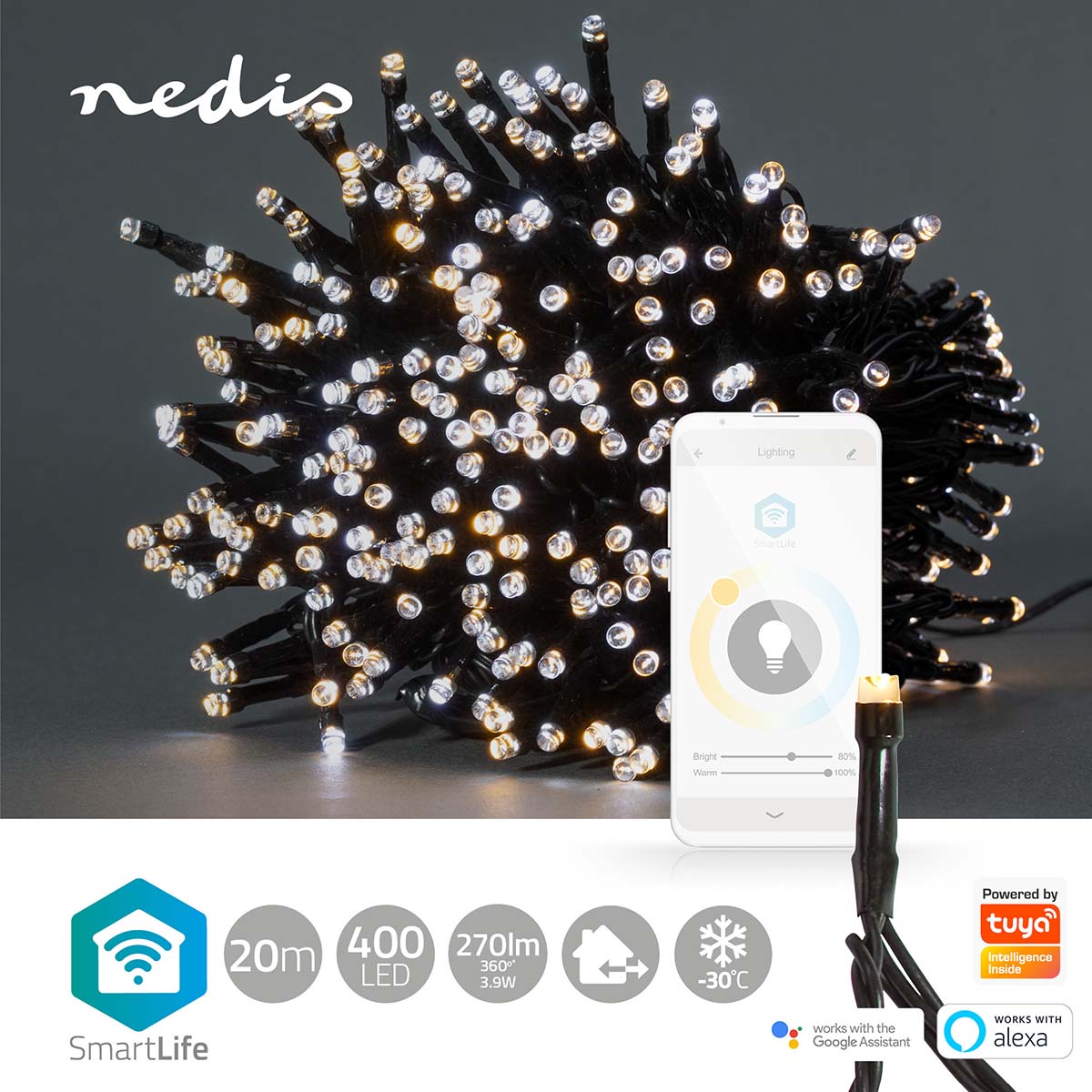 Luzes Nedis Wi-Fi, 400 LEDs em 20m, proporcionam iluminação inteligente para um Natal encantador, combinando tons quentes e frios.