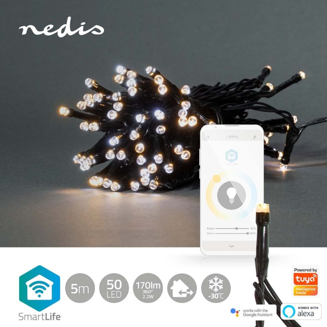 Luzes Nedis Wi-Fi, 50 LEDs em 5m, proporcionam iluminação inteligente para um Natal encantador, combinando tons quentes e frios.