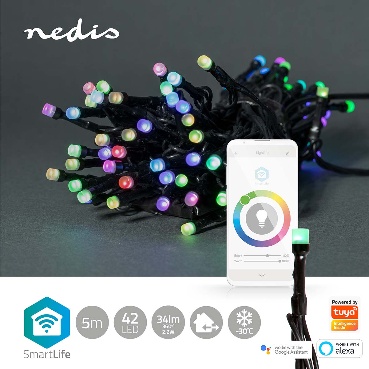 Luzes Nedis Wi-Fi RGB, 42 LEDs em 5m, oferecem iluminação inteligente para um Natal vibrante, controlável via Wi-Fi.