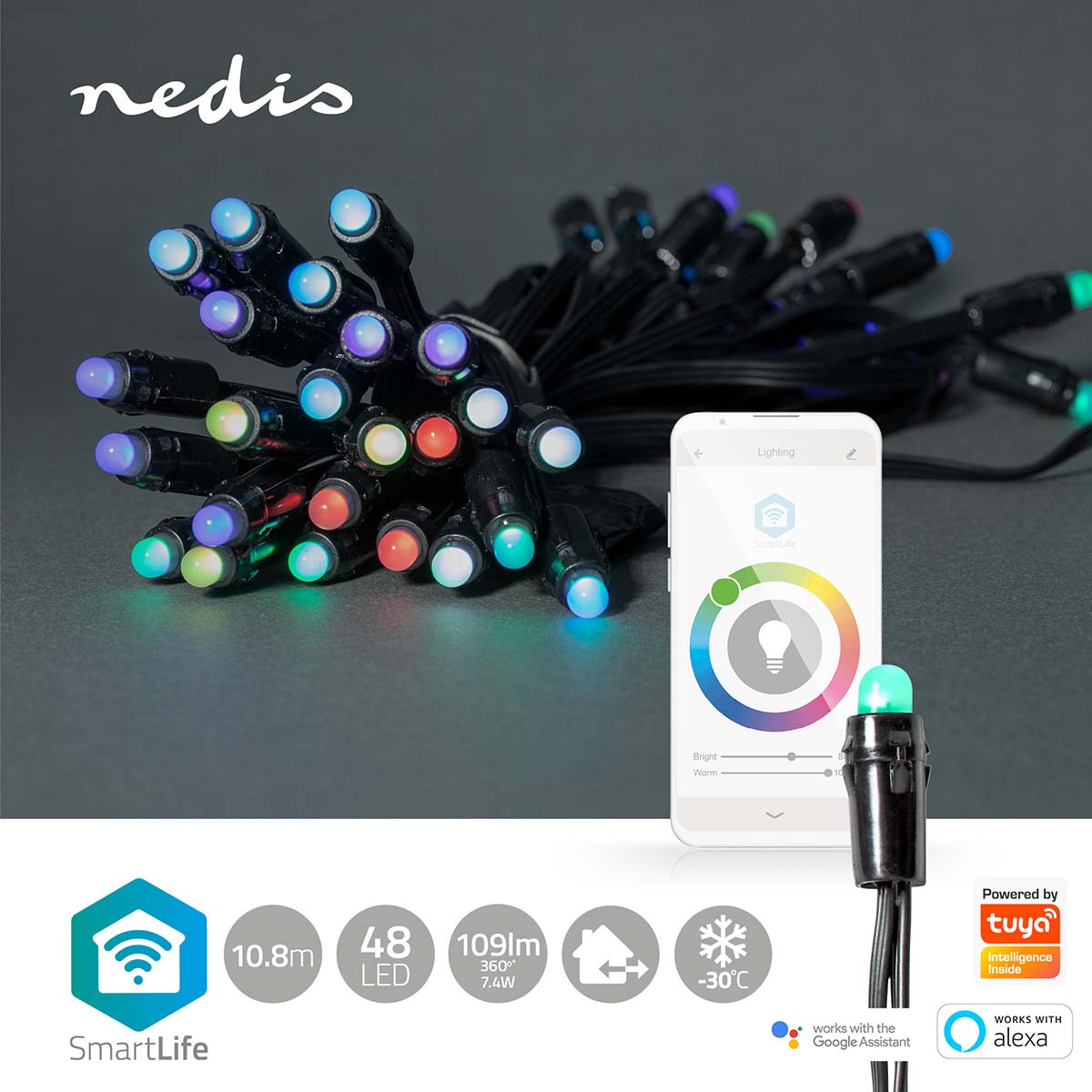Luzes Nedis Wi-Fi RGB, 48 LEDs em 10.8m, oferecem iluminação inteligente para um Natal vibrante, controlável via Wi-Fi.