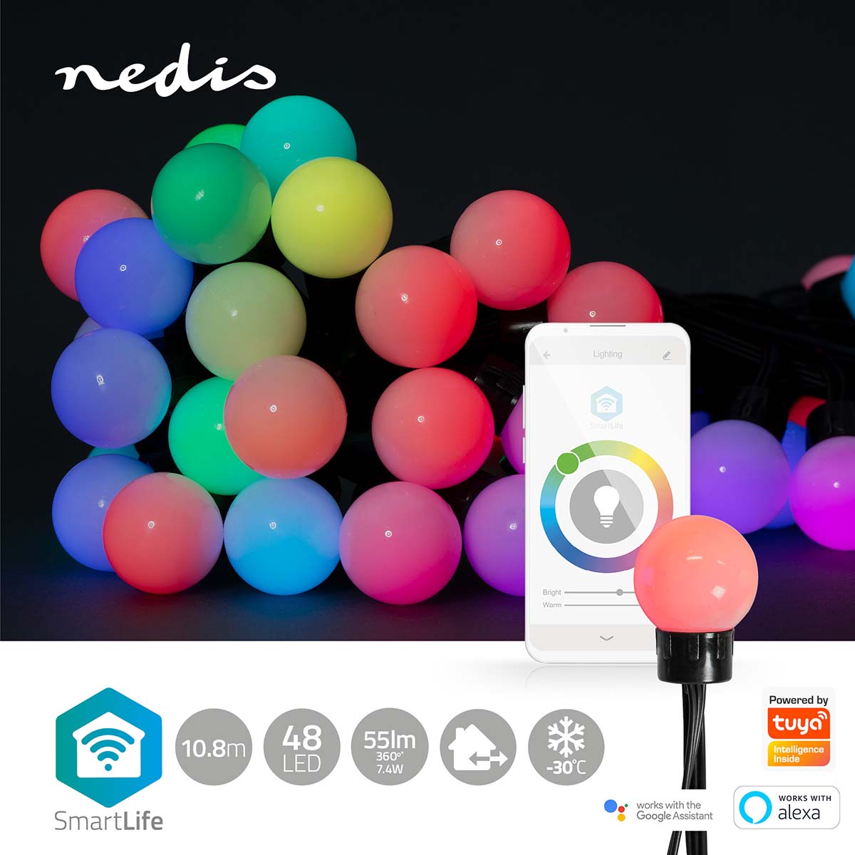 Luzes decorativas Nedis Wi-Fi RGB (10 LEDs, 50mm, 9m): iluminação inteligente para personalizar ambientes com facilidade e estilo.