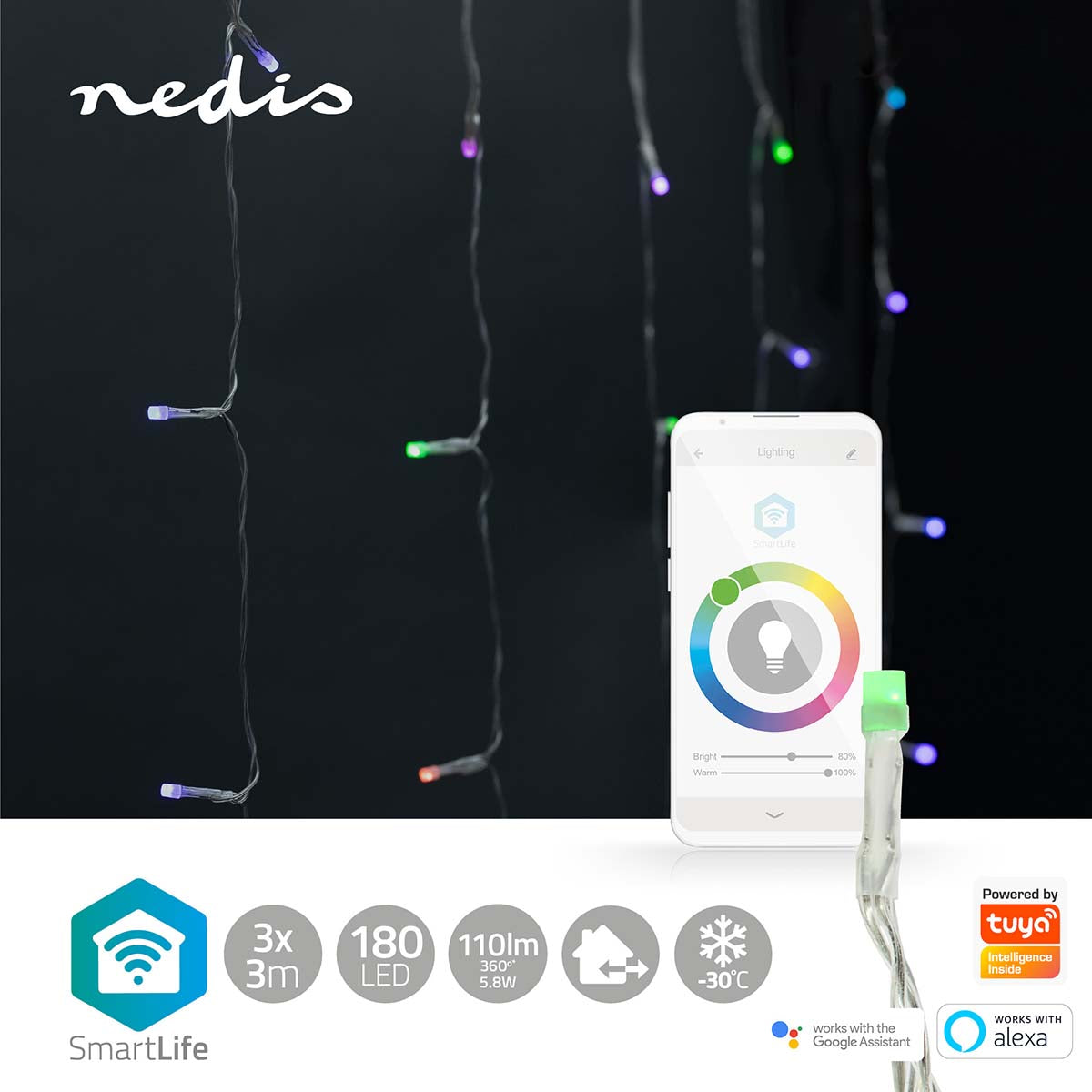Cortina Nedis Wi-Fi RGB: iluminação inteligente de Natal. Com 180 LEDs em 3m, crie uma atmosfera única e personalizada com facilidade.